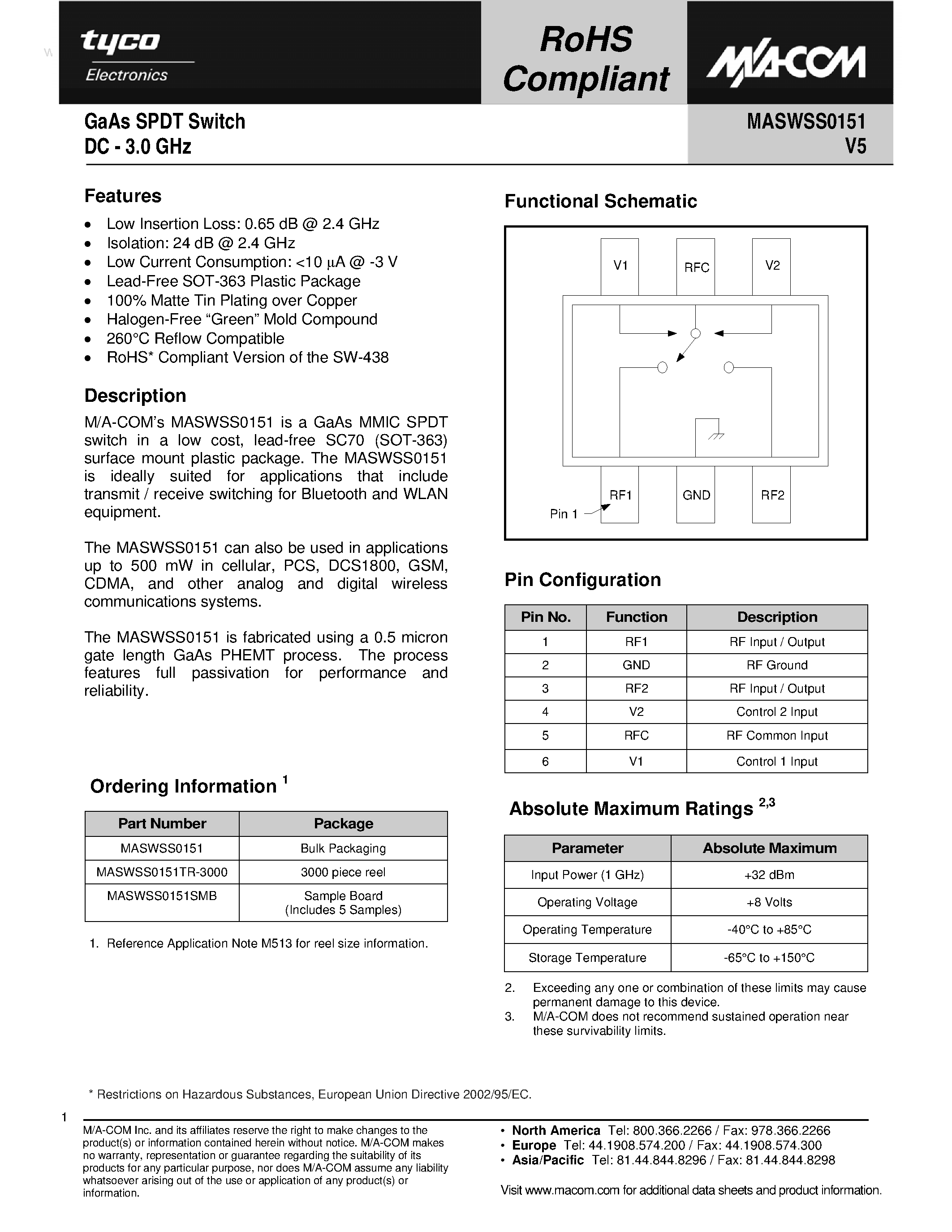 Datasheet MASWSS0151 page 1 Datasheet MASWSS0151 - GaAs SPDT Switch page 1