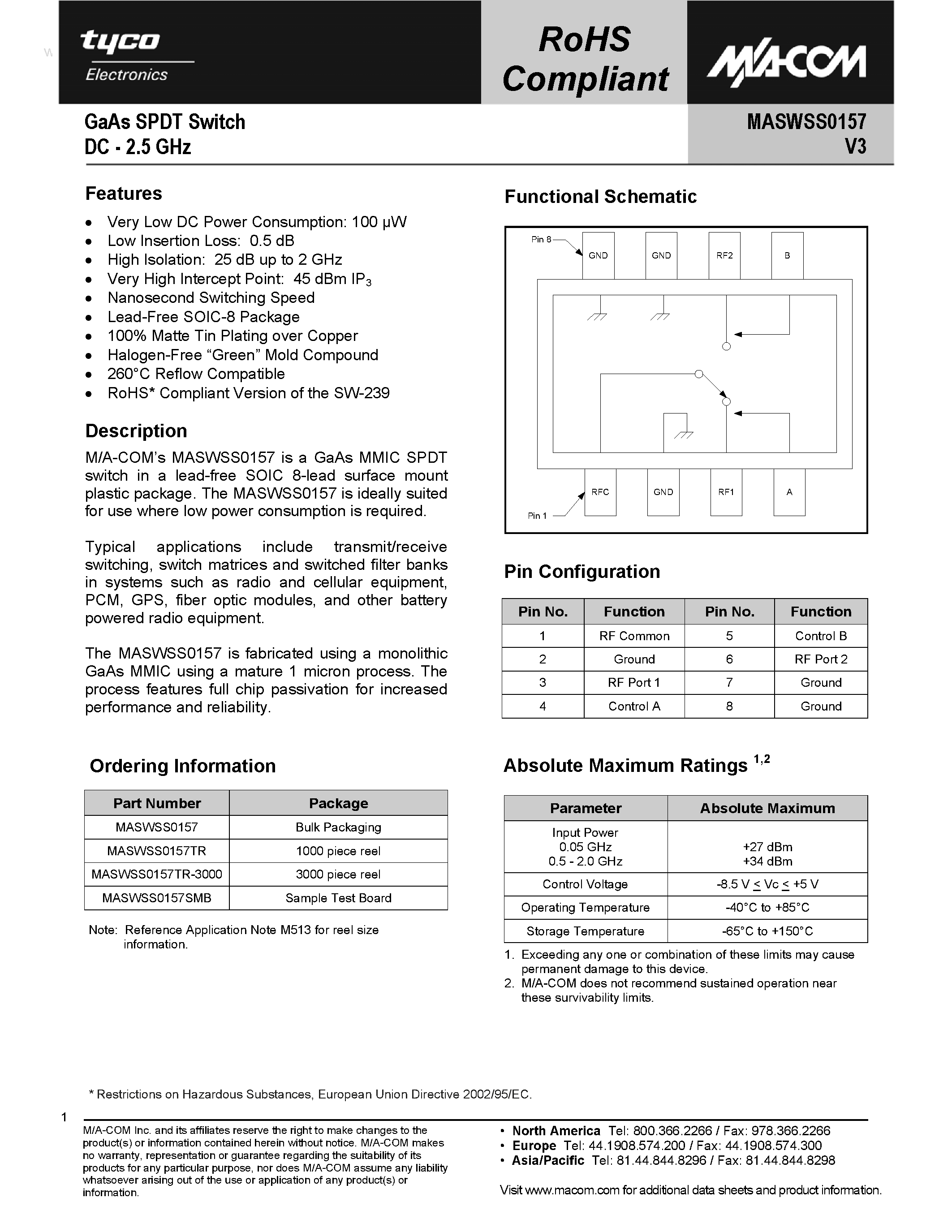 Datasheet MASWSS0157 page 1 Datasheet MASWSS0157 - GaAs SPDT Switch page 1