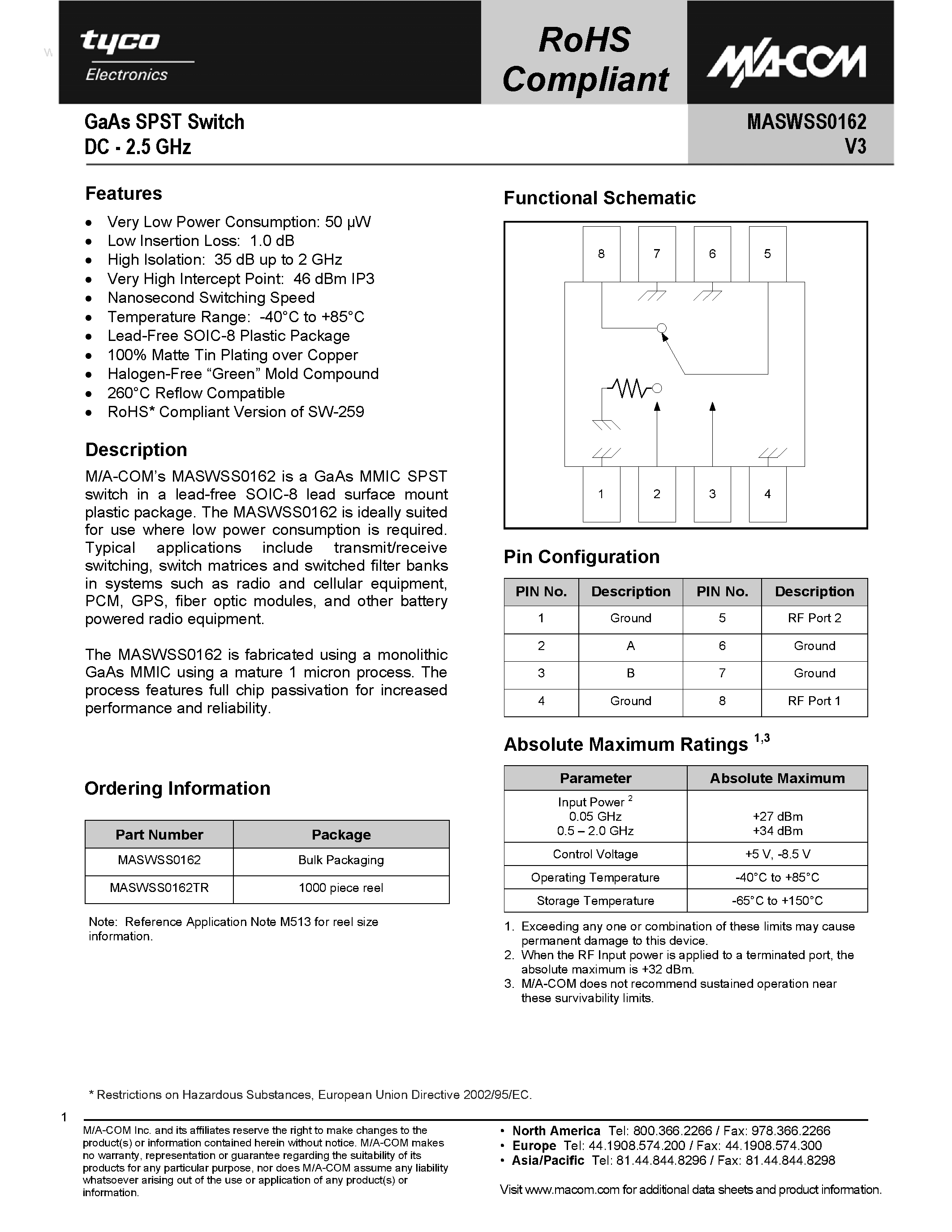 Datasheet MASWSS0162 - GaAs SPST Switch page 1