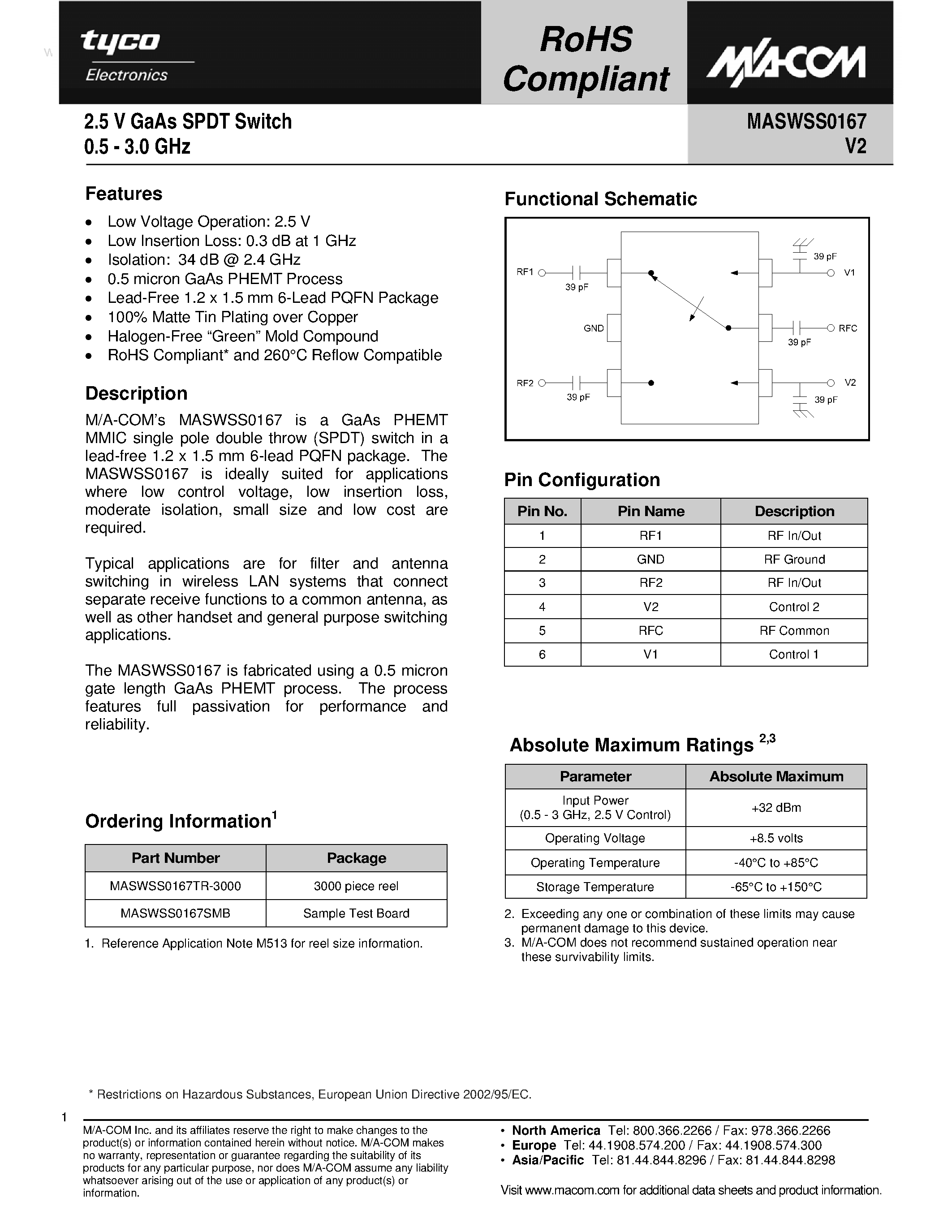 Даташит MASWSS0167 - 2.5 V GaAs SPDT Switch страница 1