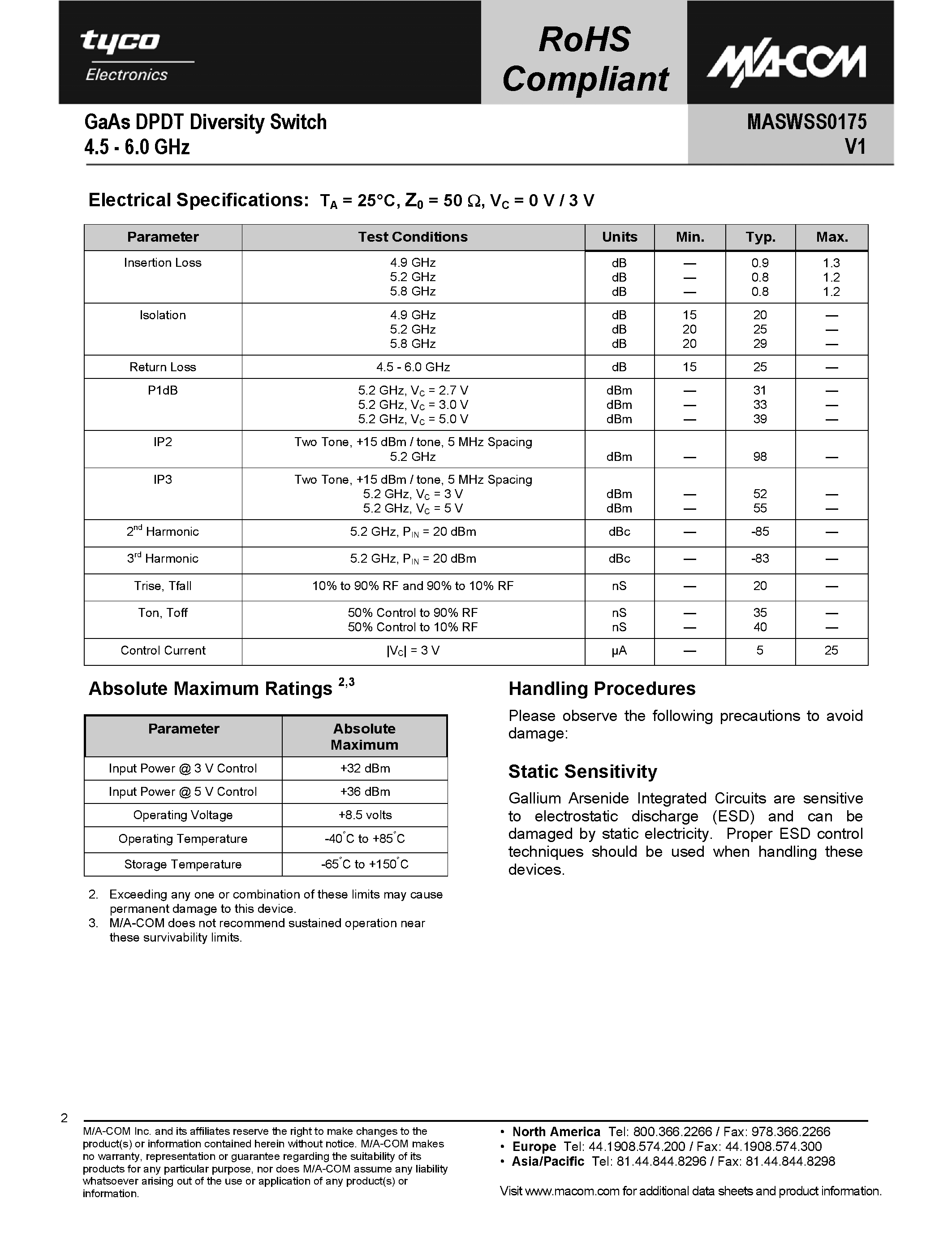 Datasheet MASWSS0175 - GaAs DPDT Diversity Switch page 2