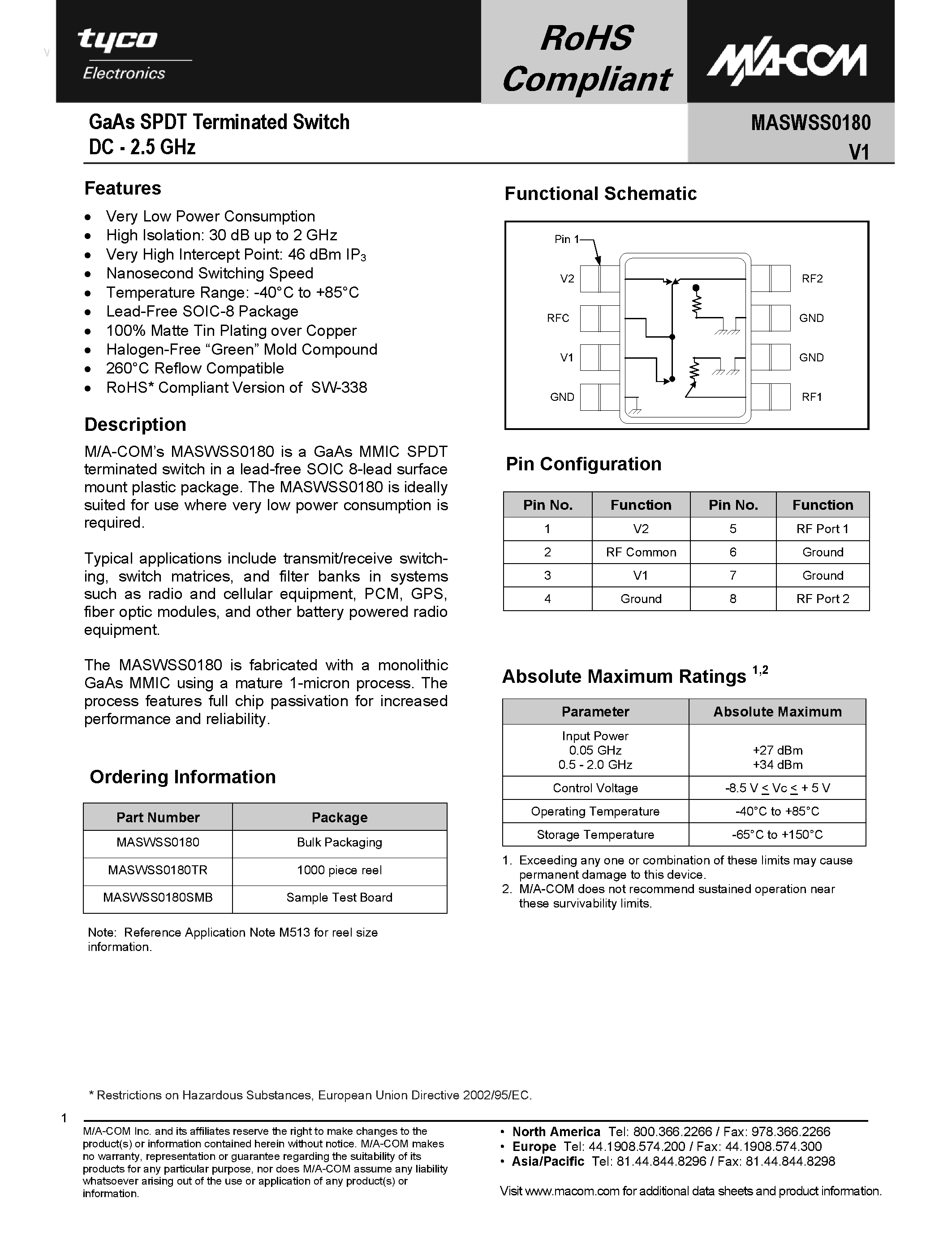 Datasheet MASWSS0180 page 1 Datasheet MASWSS0180 - GaAs SPDT Terminated Switch page 1