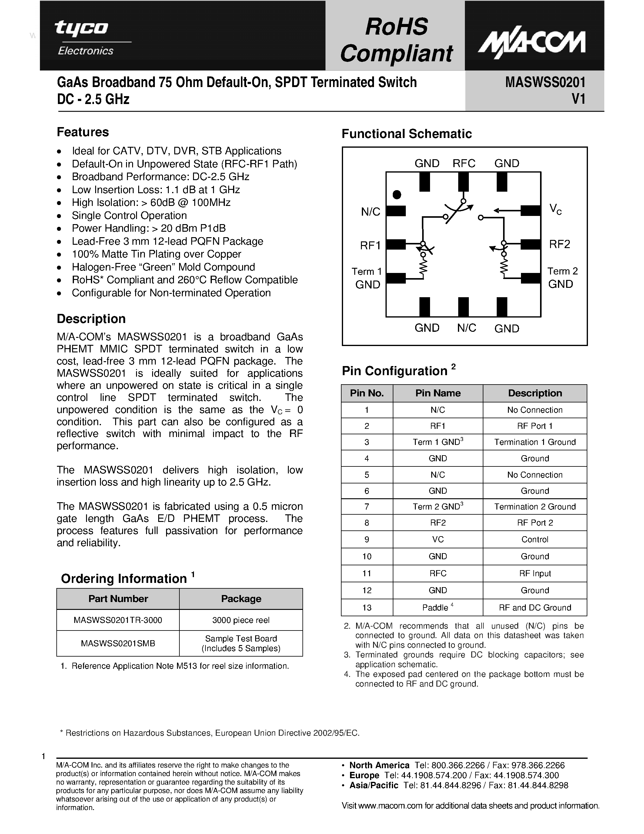 Datasheet MASWSS0201 page 1 Datasheet MASWSS0201 - SPDT Terminated Switch page 1