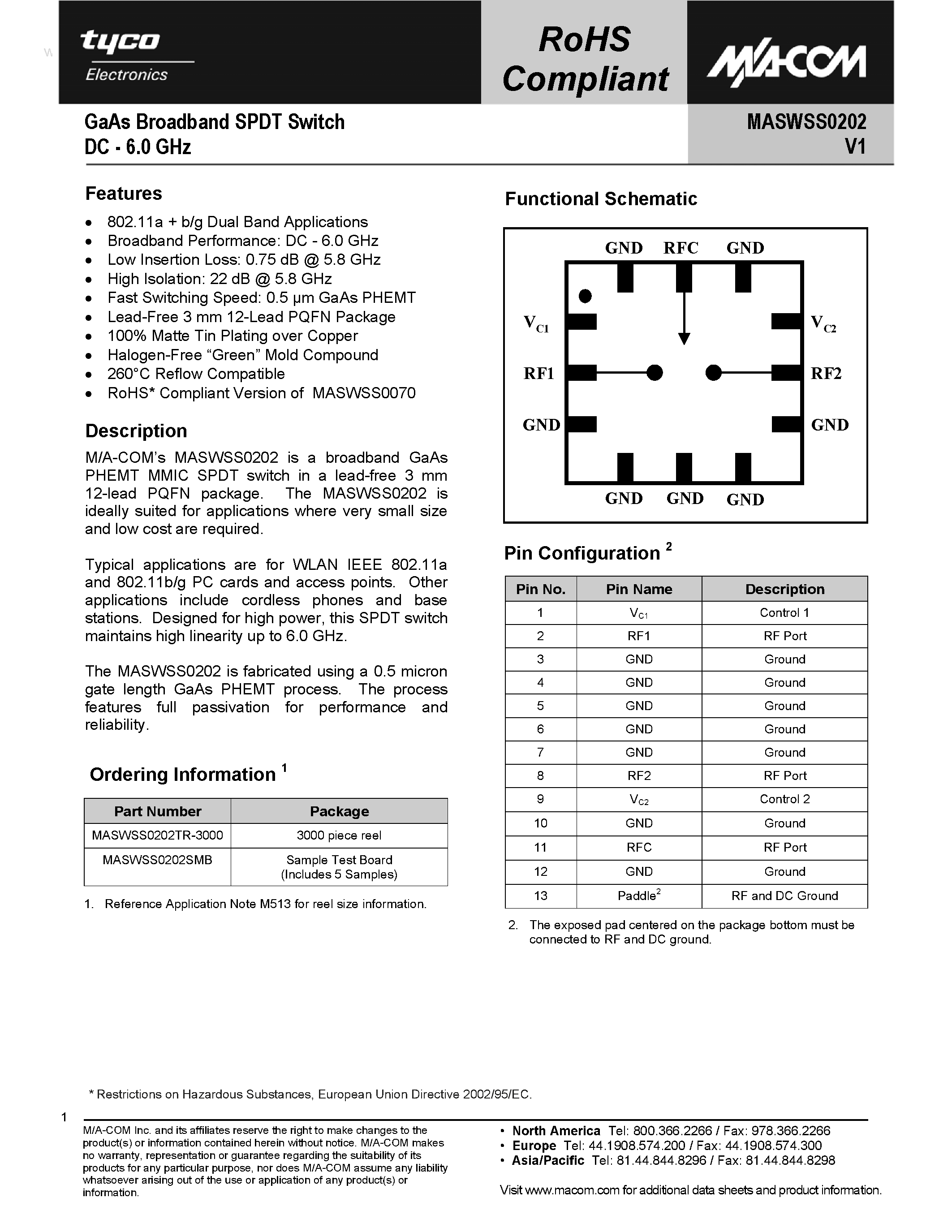 Datasheet MASWSS0202 page 1 Datasheet MASWSS0202 - GaAs Broadband SPDT Switch page 1
