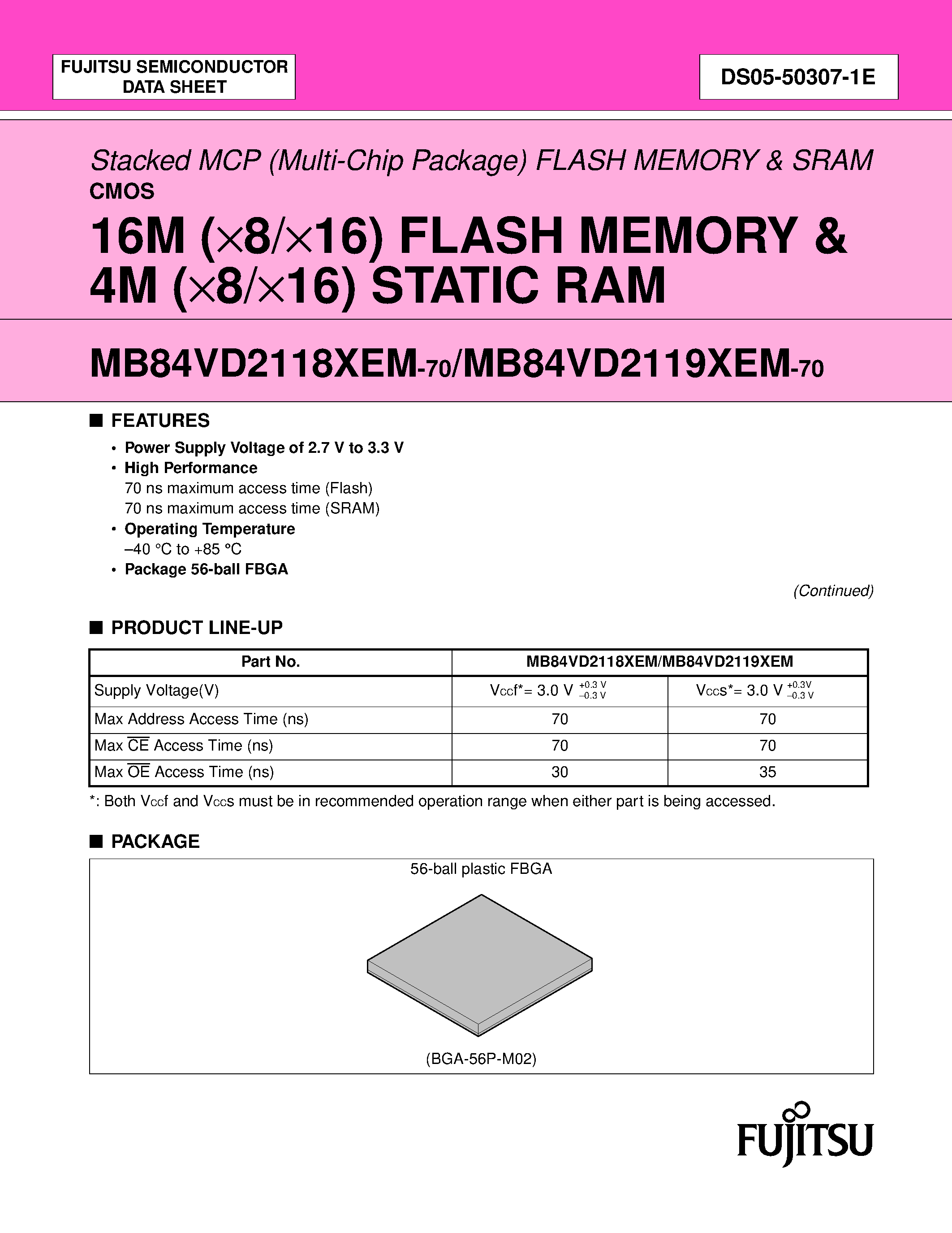 Даташит на микросхему MB84VD21181EM-70 страница 1 Даташит MB84VD21181EM-70 - (MB84VD2118xEM-70 / MB84VD2119xEM-70) Stacked MCP (Multi-Chip Package) FLASH MEMORY страница 1
