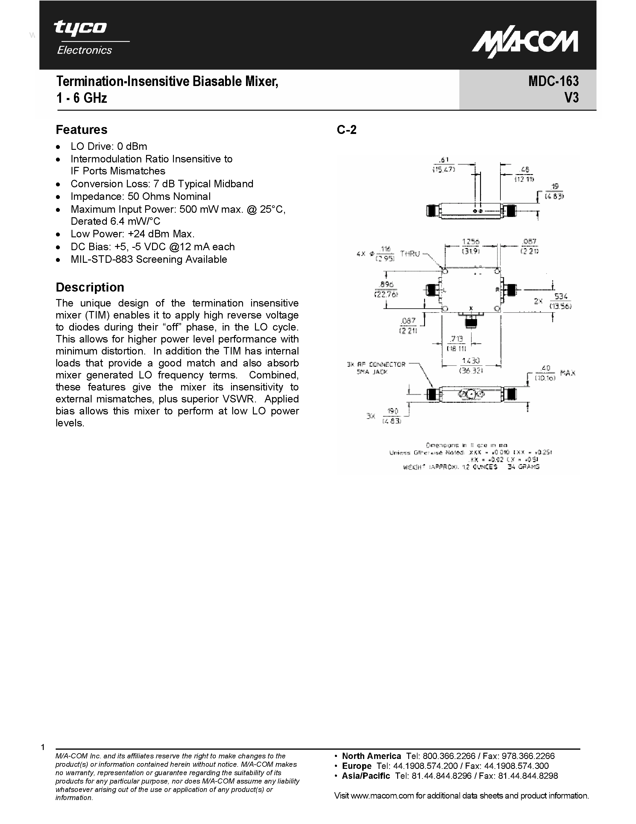 Datasheet MDC-163 - Termination-Insensitive Biasable Mixer page 1