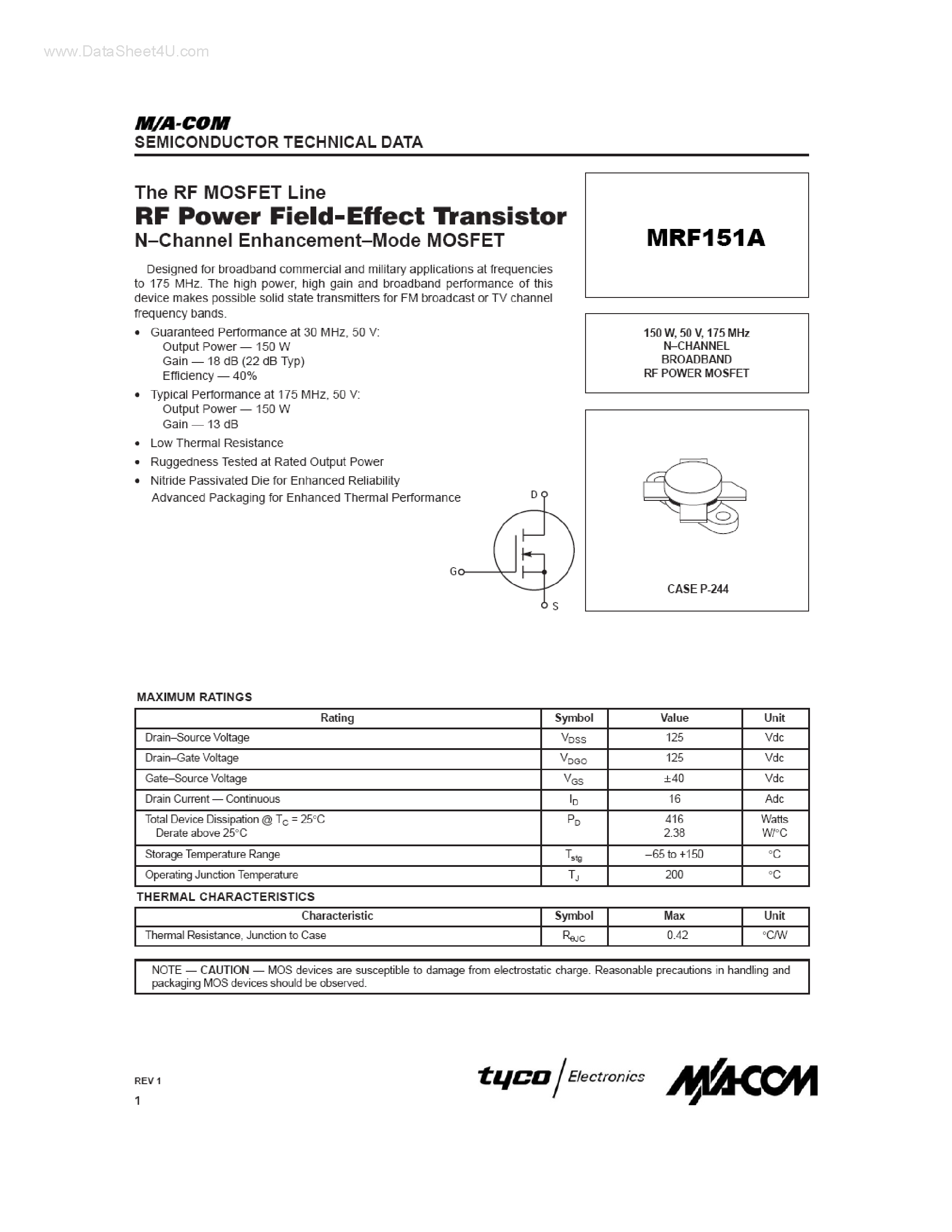 Datasheet MRF151A - The RF MOSFET Line RF Power Field-Effect Transistor N-Channel Enhancement-Mode MOSFET page 1