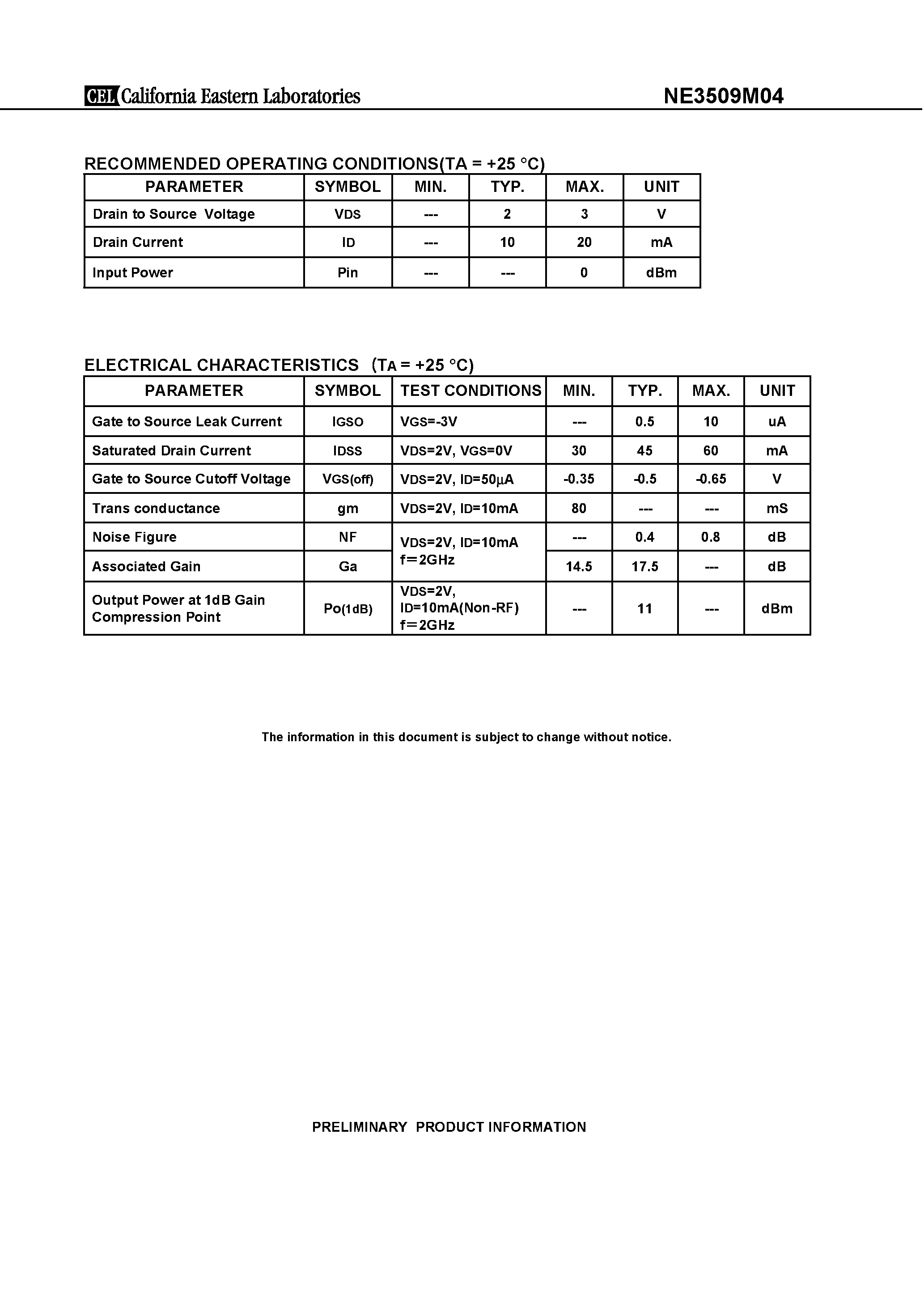 Datasheet NE3509M04 page 2 Datasheet NE3509M04 - L to S BAND LOW NOISE AMPLIFIER N-CHANNEL HJ-FET page 2