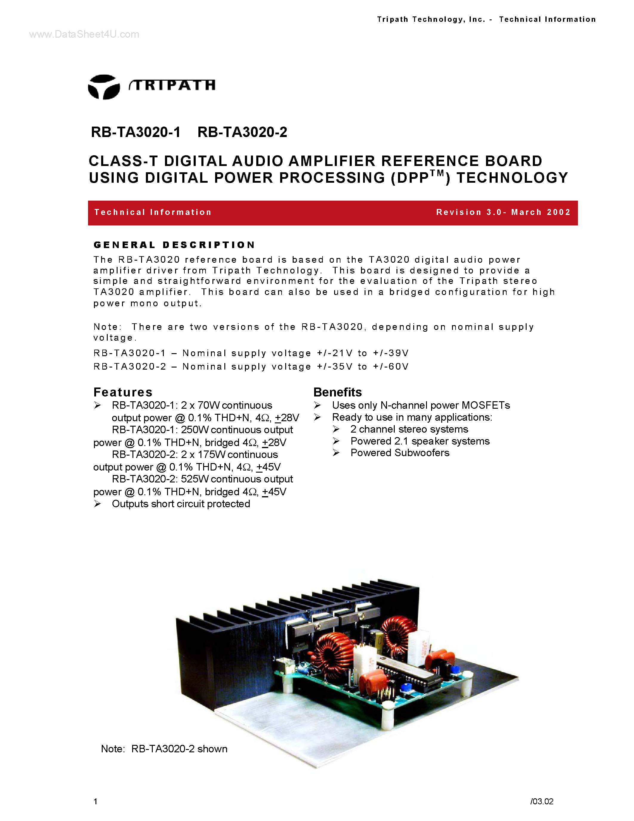 Даташит RB-TA3020-1 - (RB-TA3020-1/-2) CLASS-T DIGITAL AUDIO AMPLIFIER REFERENCE BOARD страница 1