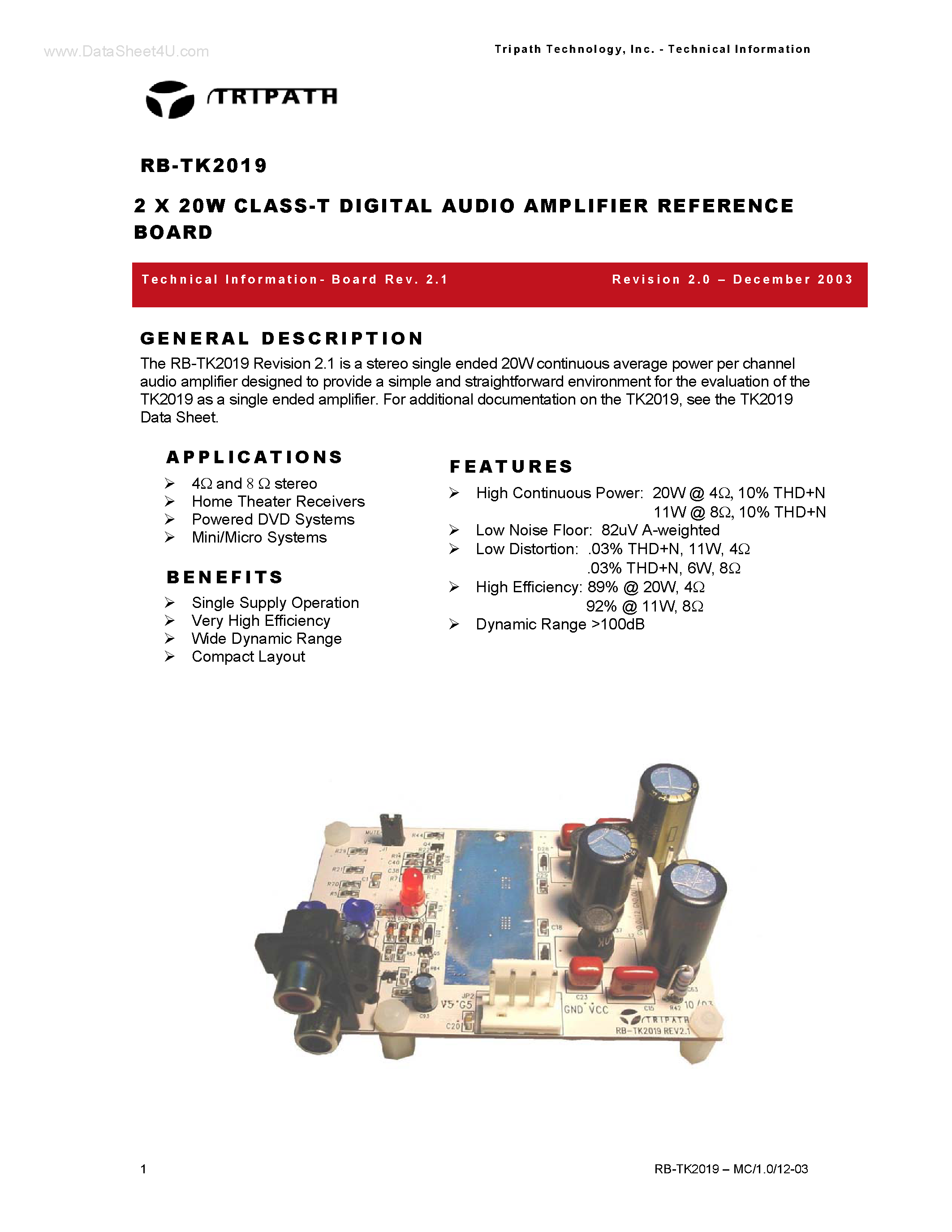 Datasheet RB-TK2019 page 1 Datasheet RB-TK2019 - 2 X 20W CLASS-T DIGITAL AUDIO AMPLIFIER REFERENCE BOARD page 1