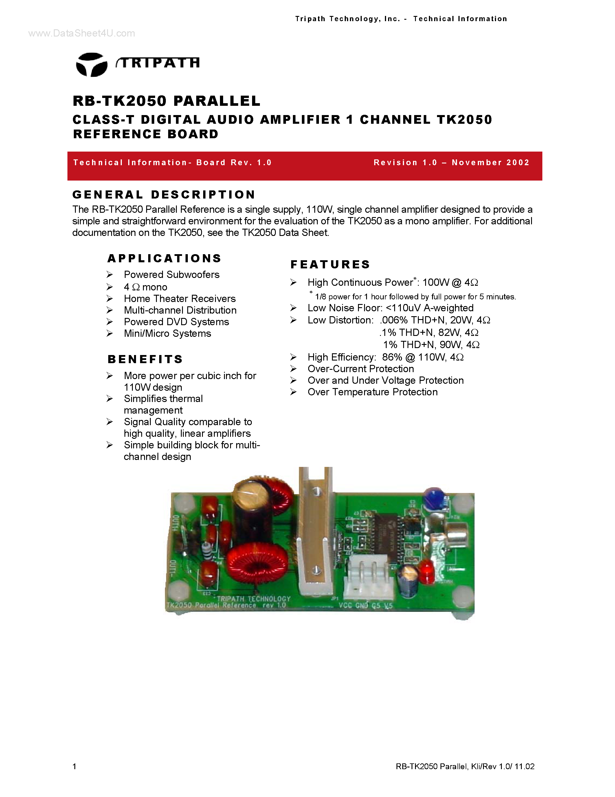 Datasheet RB-TK2050 page 1 Datasheet RB-TK2050 - CLASS-T DIGITAL AUDIO AMPLIFIER page 1