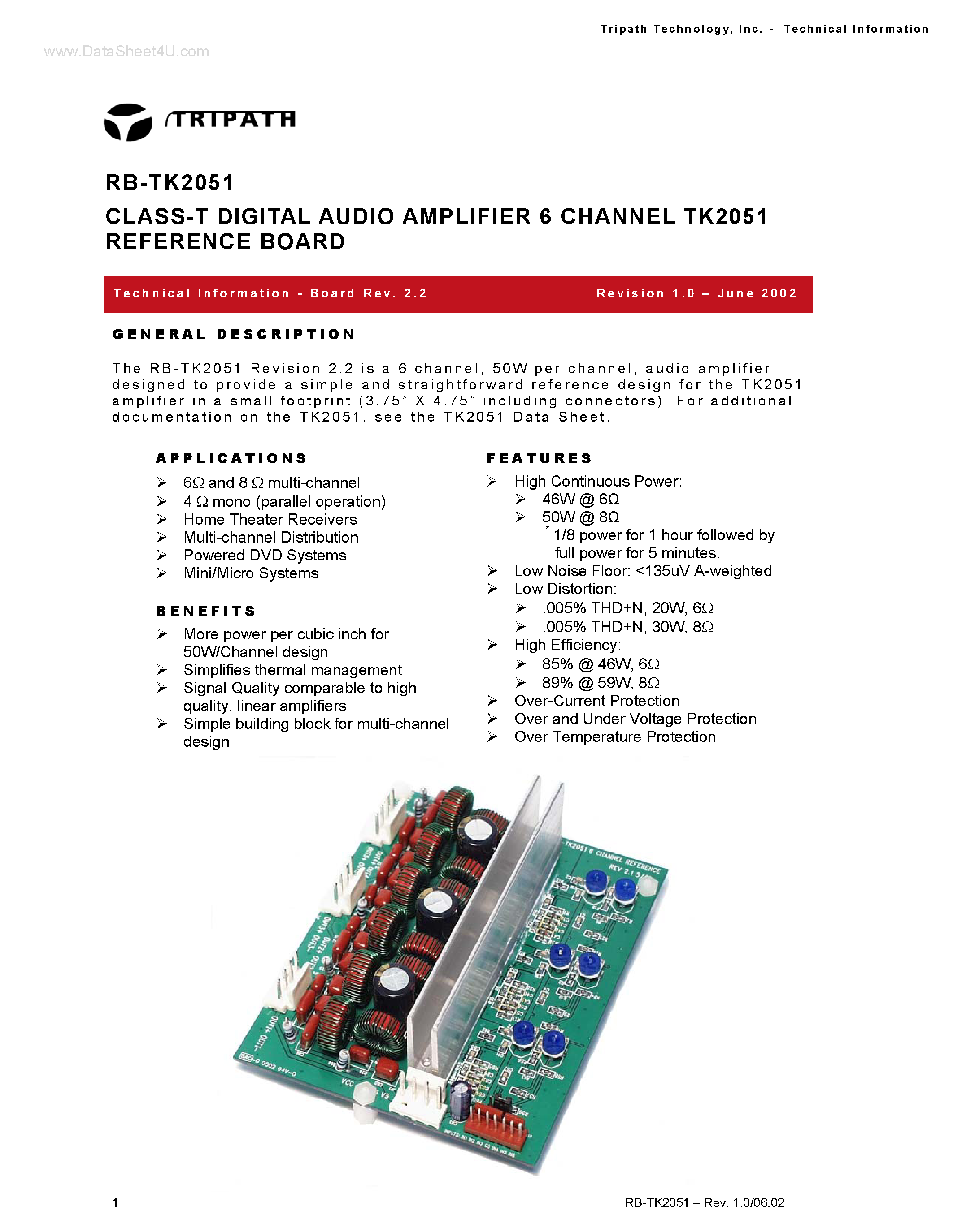 Datasheet RB-TK2051 page 1 Datasheet RB-TK2051 - CLASS-T DIGITAL AUDIO AMPLIFIER page 1