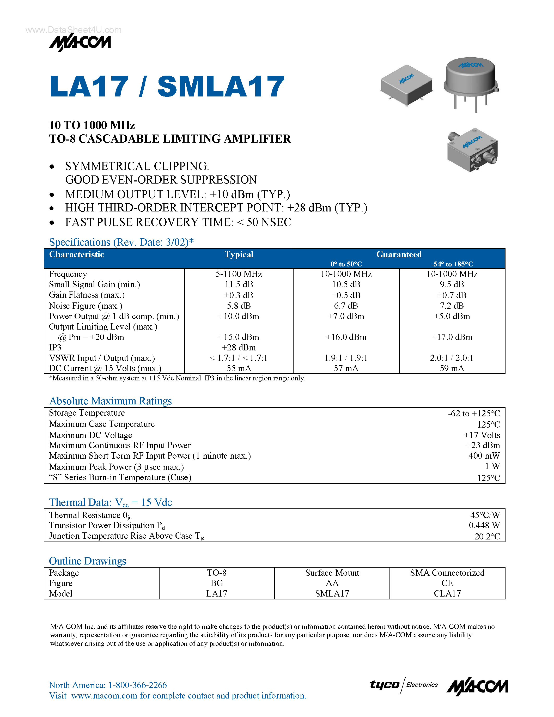Даташит SMLA17 - TO-8 CASCADABLE LIMITING AMPLIFIER страница 1