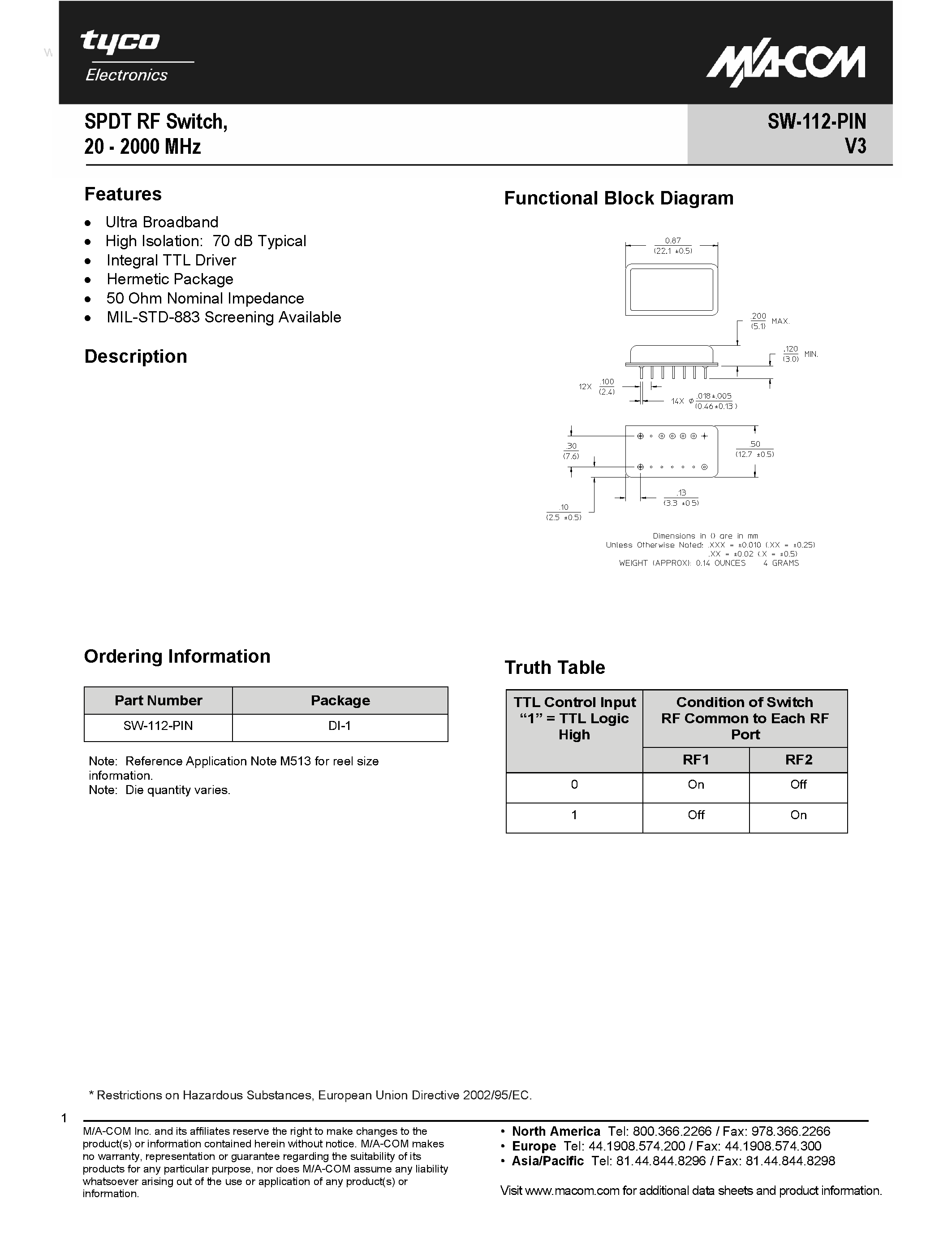 Datasheet SW-112-PIN - SPDT RF Switch page 1