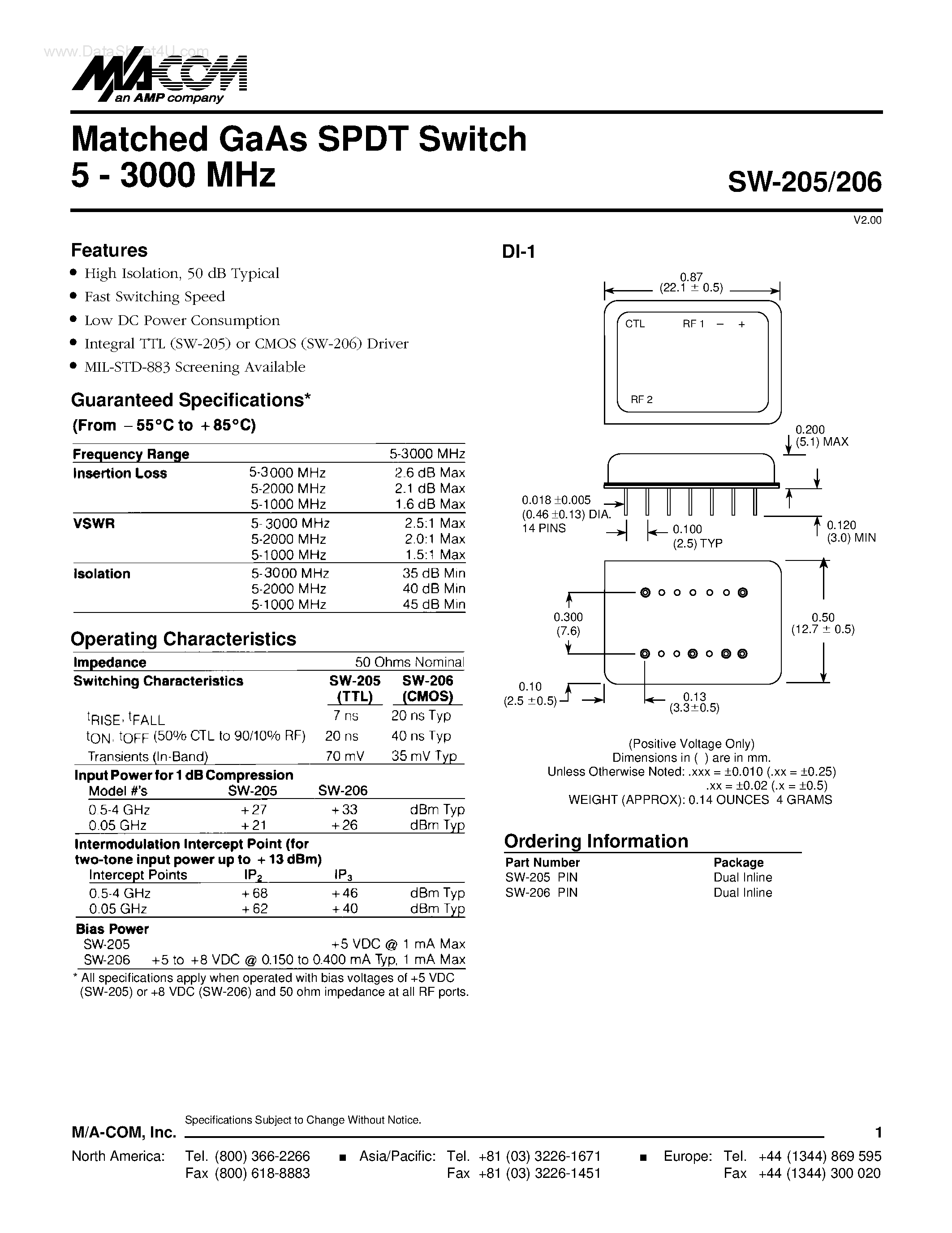 Datasheet SW-205 page 1 Datasheet SW-205 - (SW-205 / SW-206) Matched GaAs SPDT Switch page 1