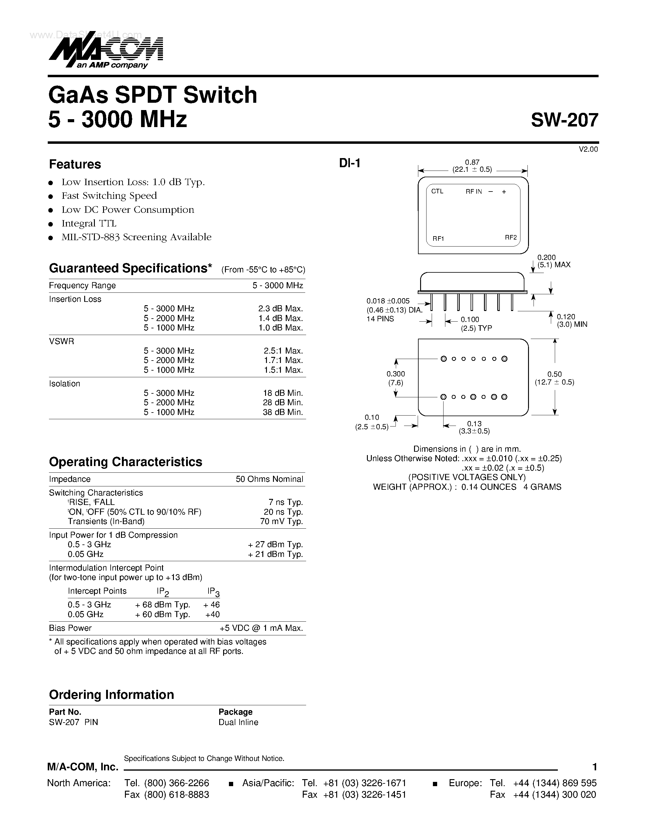 Datasheet SW-207 - GaAs SPDT Switch page 1
