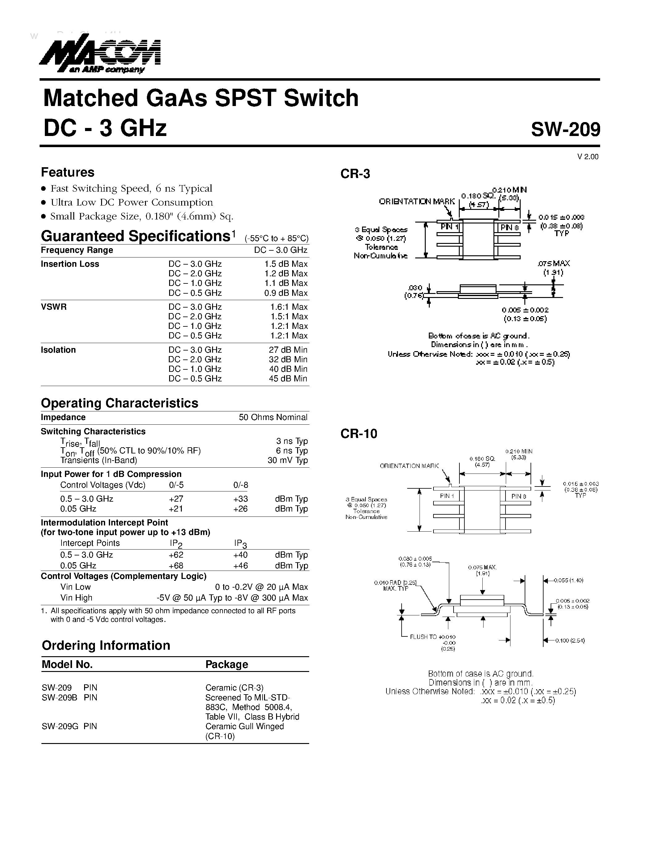 Datasheet SW-209 - Matched GaAs SPST Switch page 1