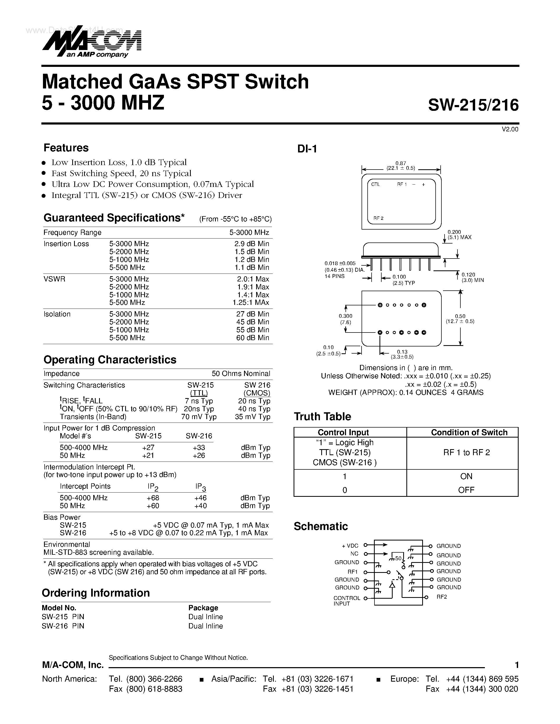 Datasheet SW-215 - (SW-215 / SW-216) Matched GaAs SPST Switch page 1