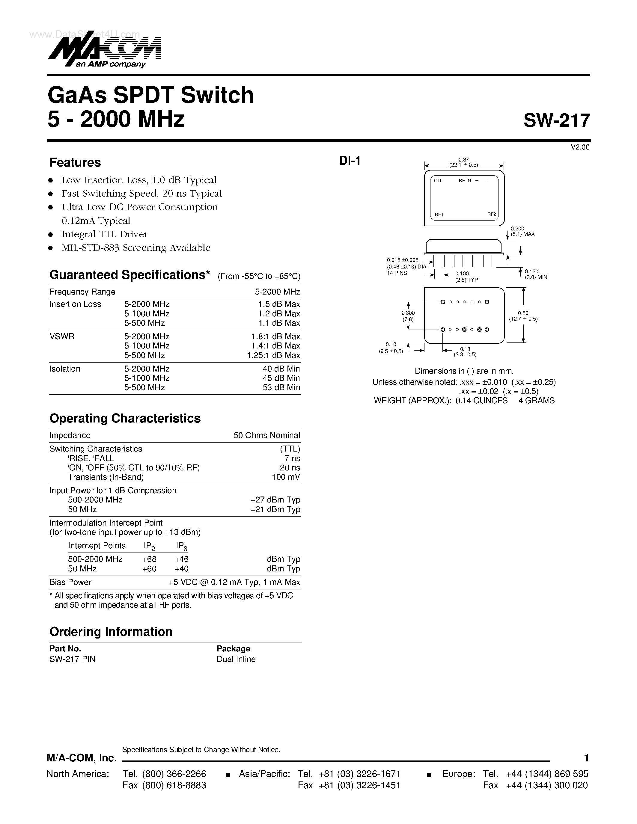 Datasheet SW-217 - GaAs SPDT Switch page 1