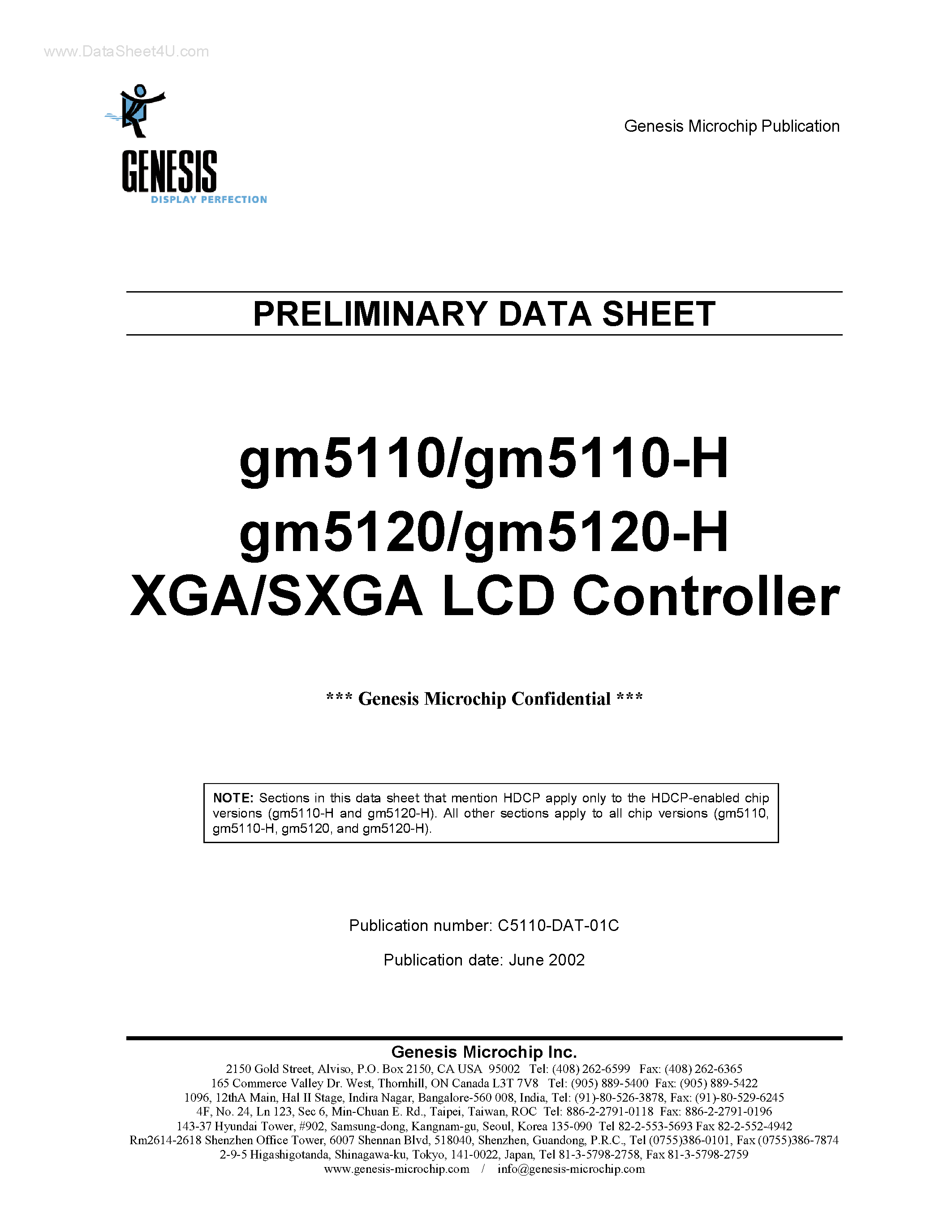 Datasheet GM5110 page 1 Datasheet GM5110 - (GM5110 / GM5120) XGA/SXGA LCD Controller page 1