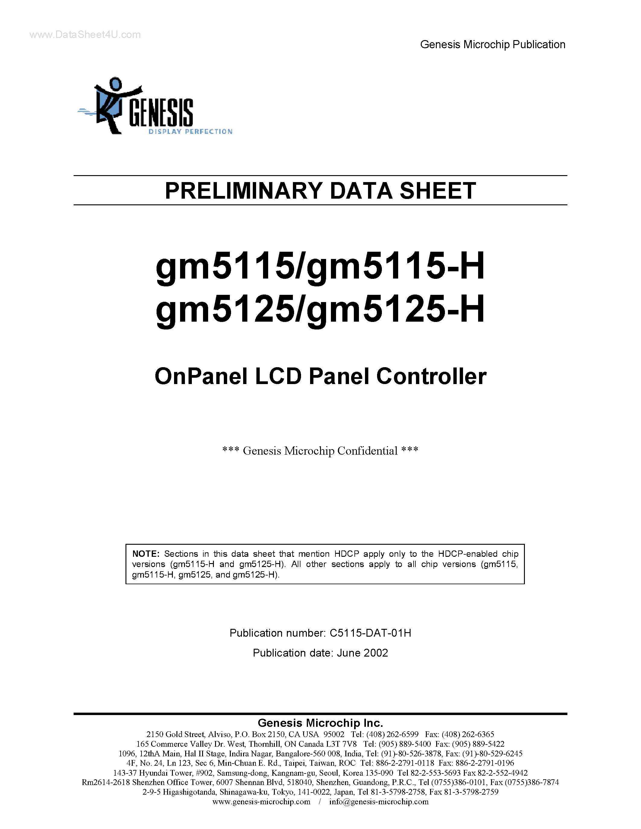 Datasheet GM5115 - (GM5115 / GM5125) ONPANEL LCD PANEL CONTROLLER page 1