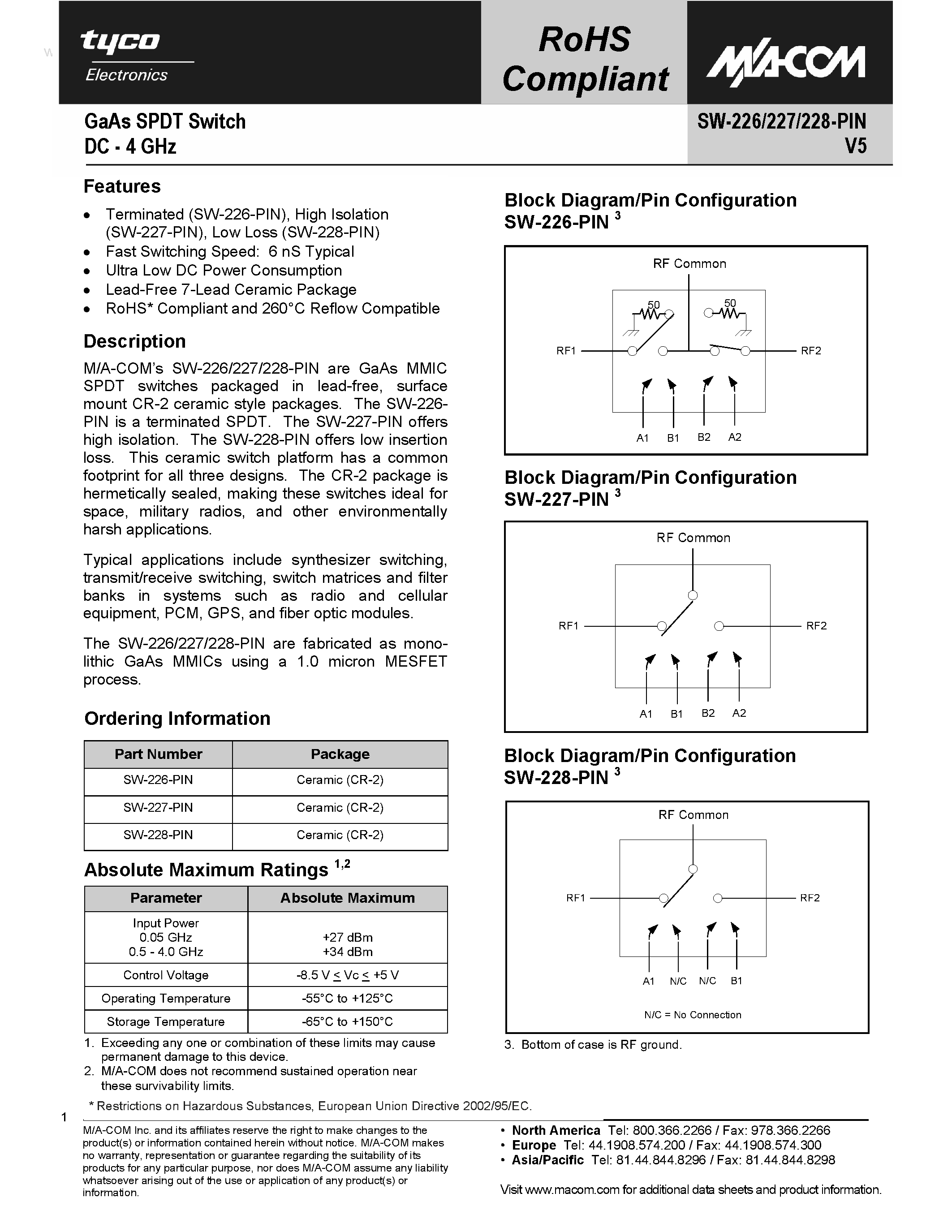 Datasheet SW-226-PIN page 1 Datasheet SW-226-PIN - (SW-226-PIN - SW-228-PIN) GaAs SPDT Switch page 1