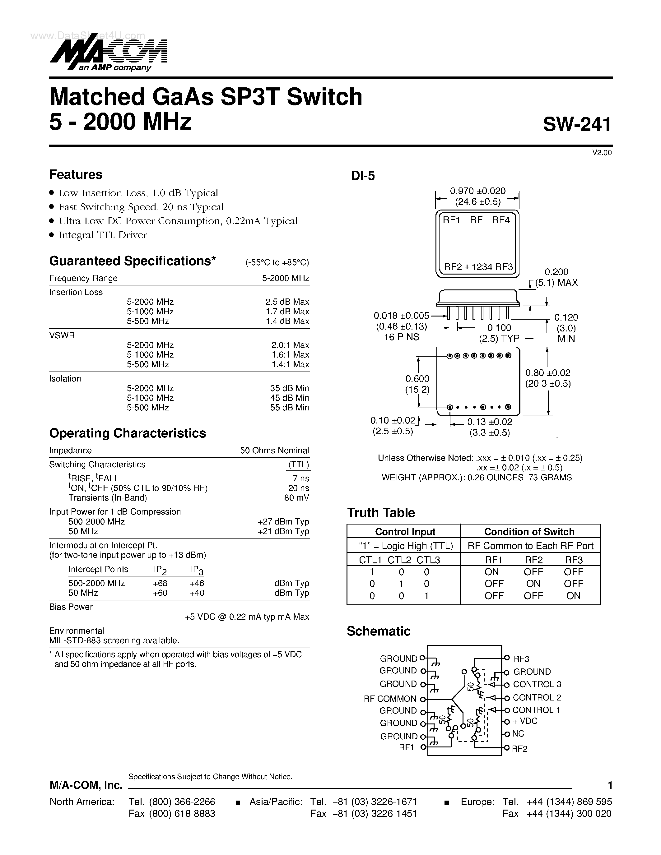 Datasheet SW-241 page 1 Datasheet SW-241 - Matched GaAs SP3T Switch page 1