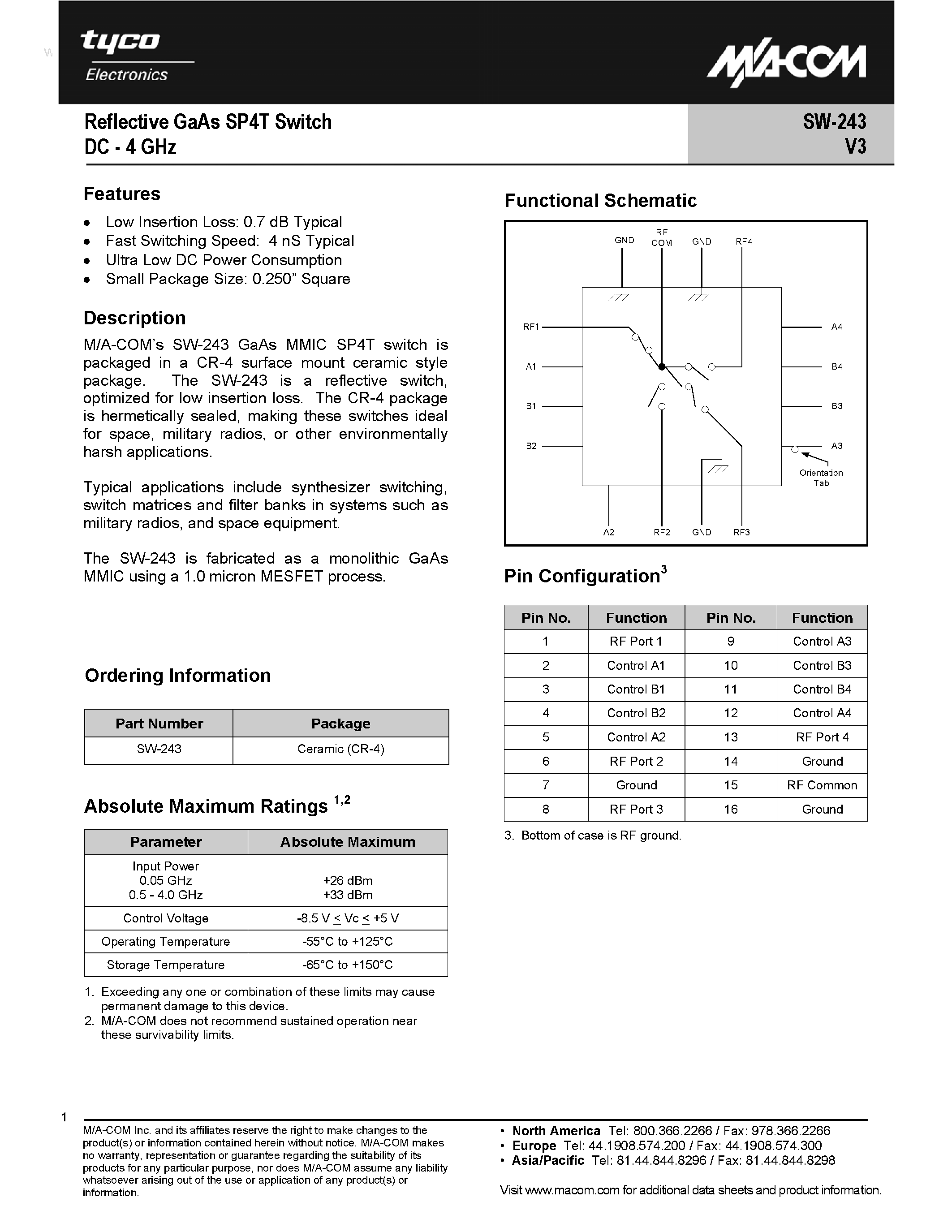 Datasheet SW-243 page 1 Datasheet SW-243 - Reflective GaAs SP4T Switch page 1