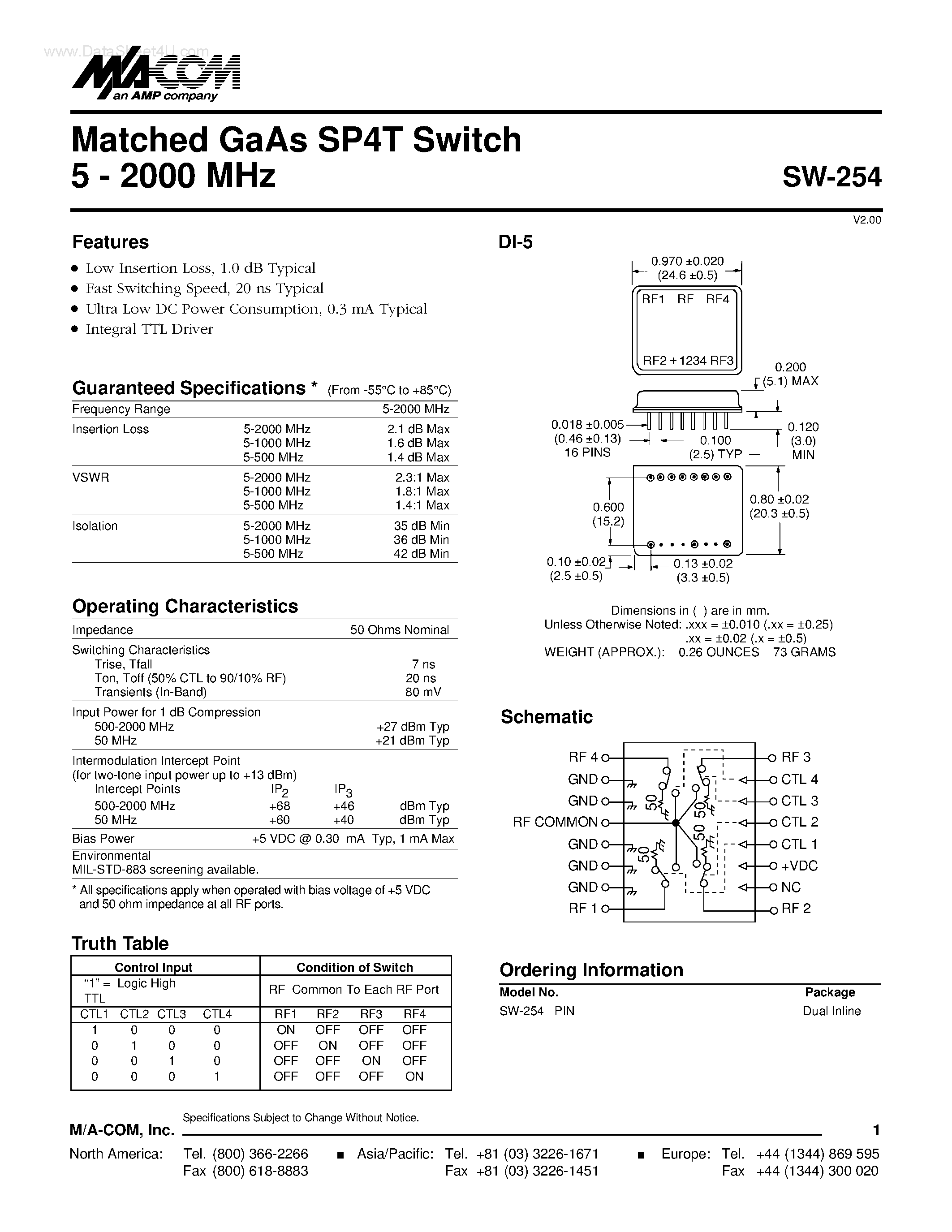 Datasheet SW-254 page 1 Datasheet SW-254 - Matched GaAs SP4T Switch page 1