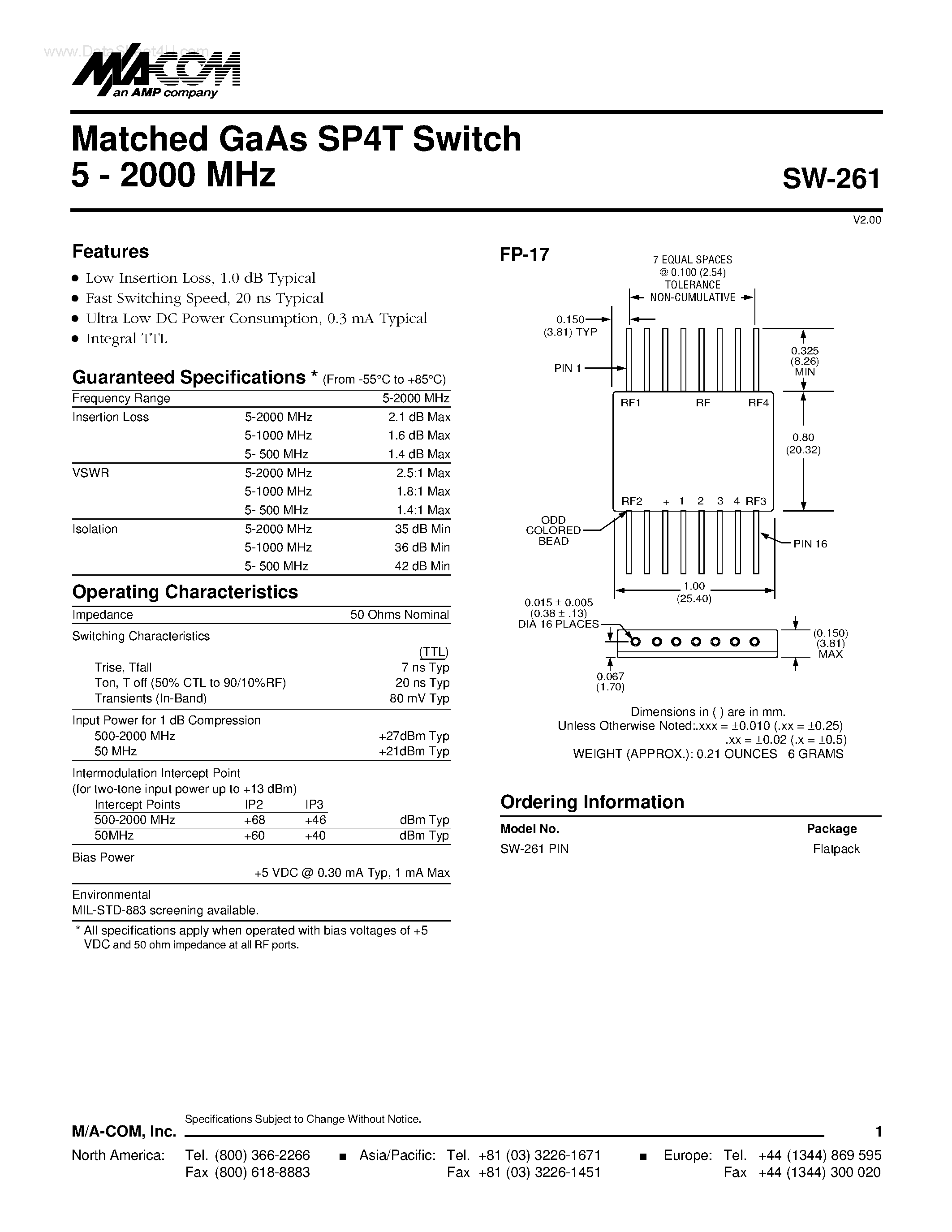 Datasheet SW-261 page 1 Datasheet SW-261 - Matched GaAs SP4T Switch page 1