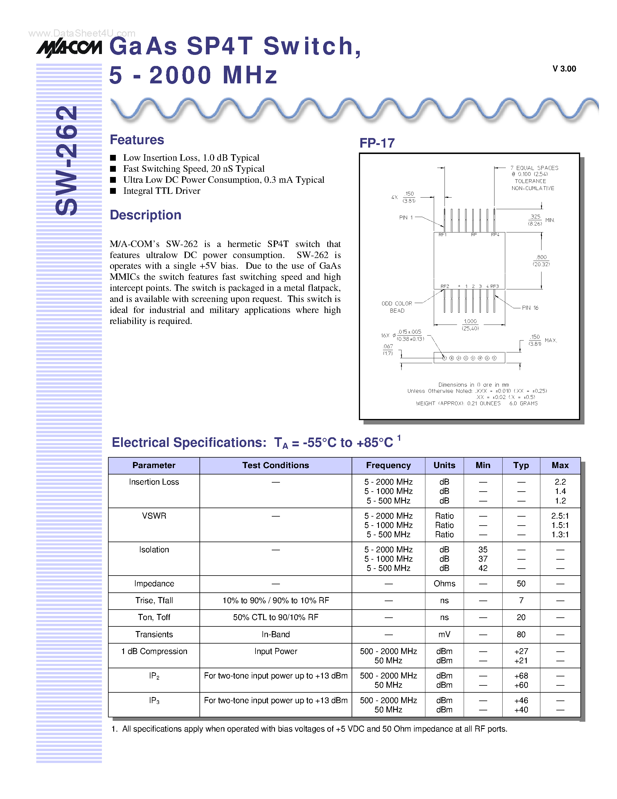 Datasheet SW-262 page 1 Datasheet SW-262 - GaAs SP4T Switch page 1
