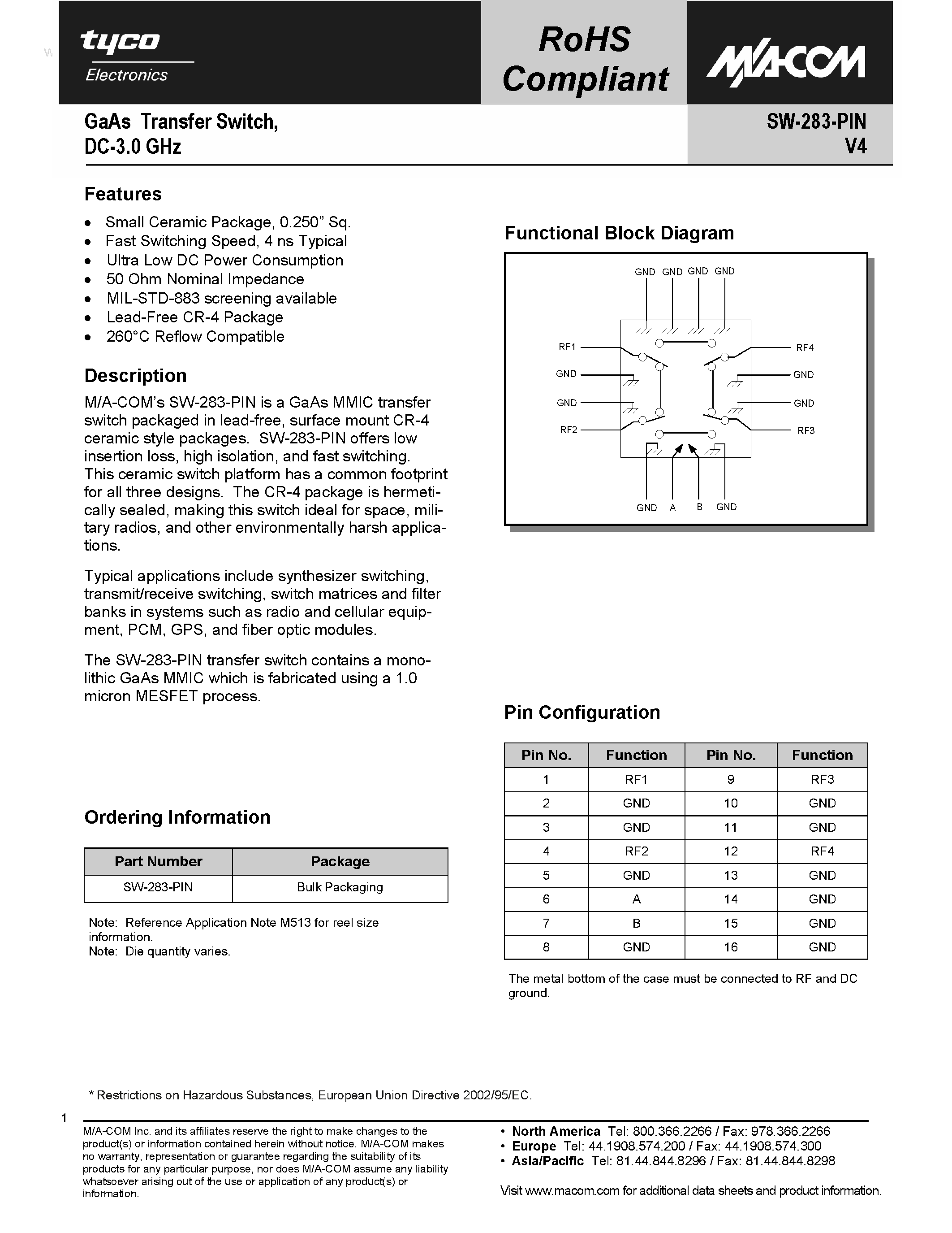 Datasheet SW-283-PIN page 1 Datasheet SW-283-PIN - GaAs Transfer Switch page 1