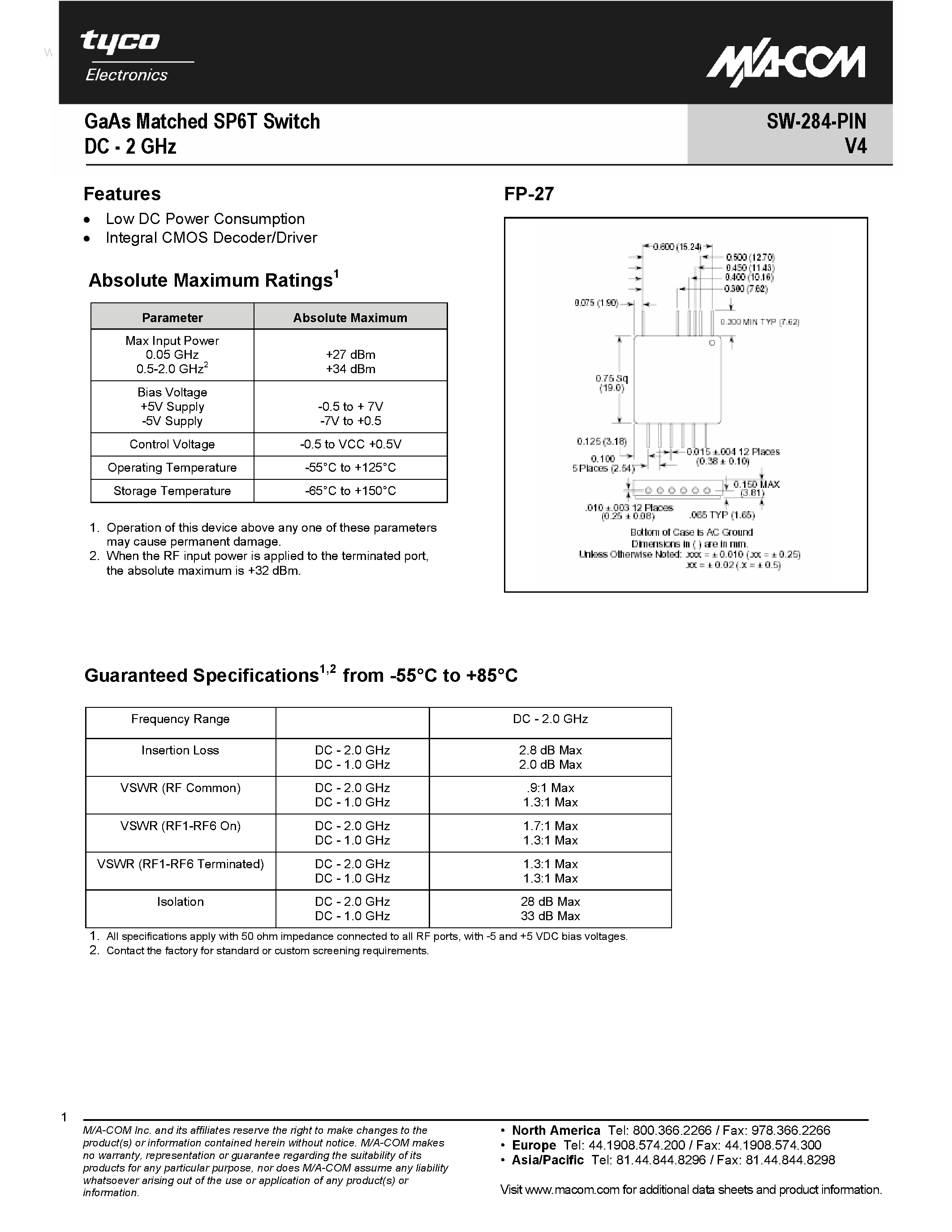 Datasheet SW-284-PIN page 1 Datasheet SW-284-PIN - GaAs Matched SP6T Switch page 1
