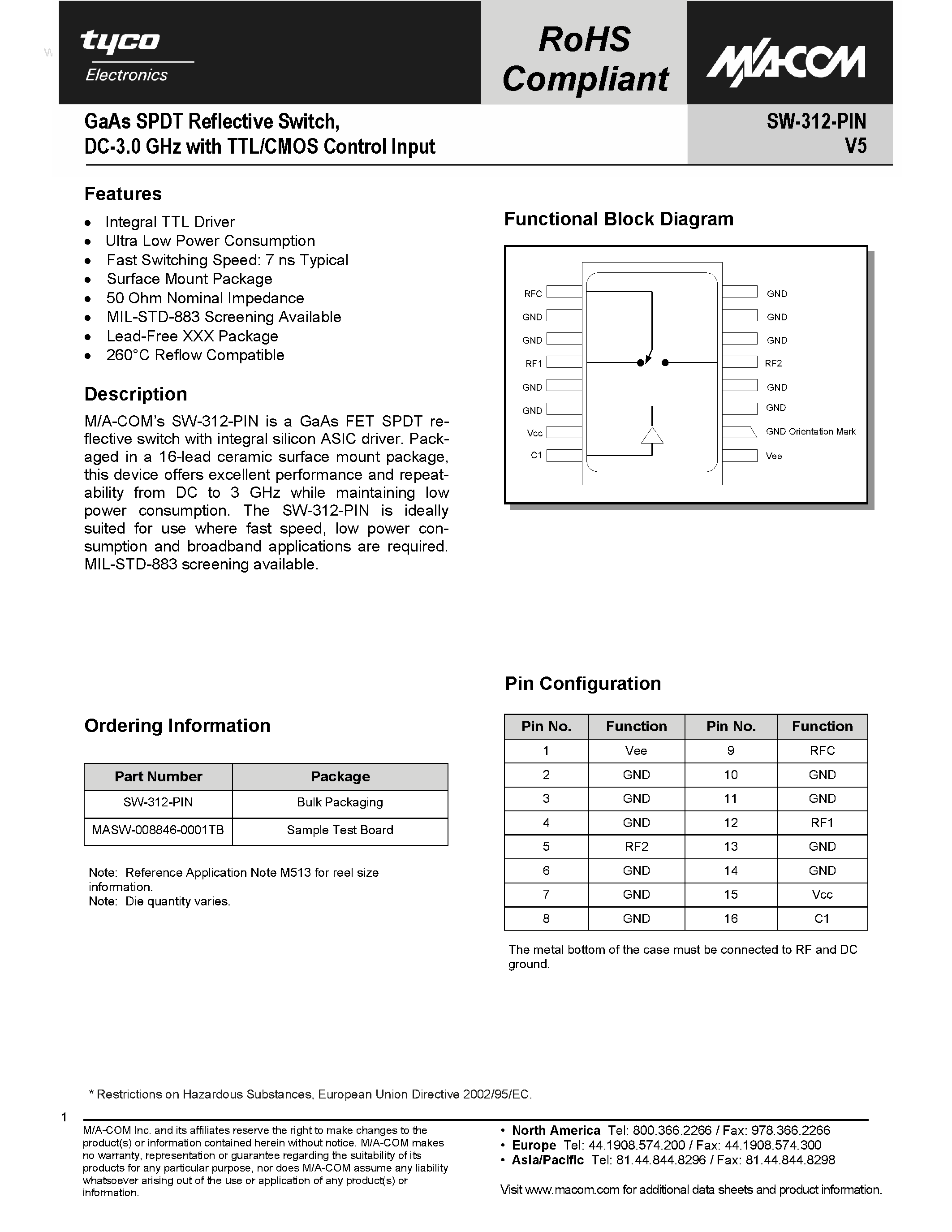 Datasheet SW-312-PIN page 1 Datasheet SW-312-PIN - GaAs SPDT Reflective Switch page 1