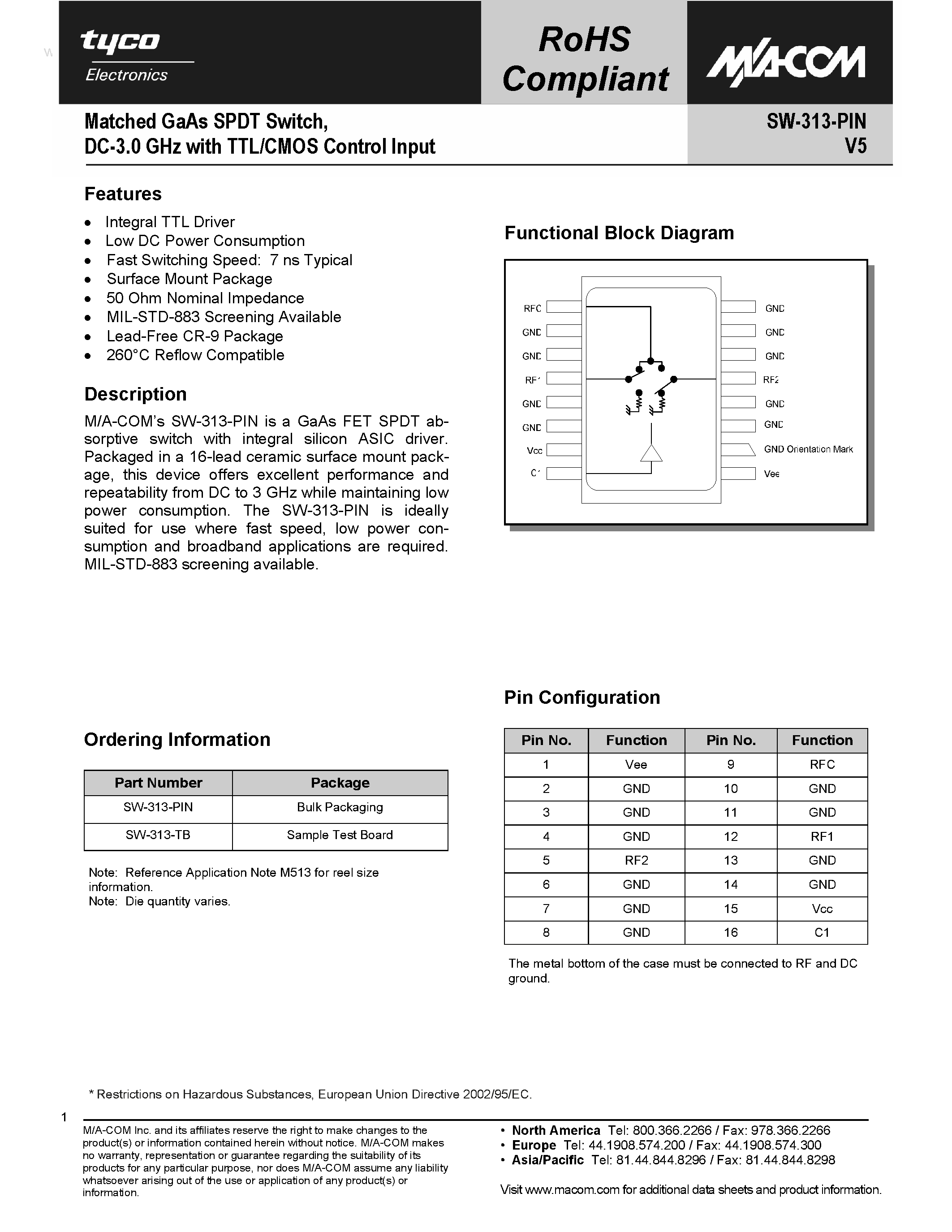 Datasheet SW-313-PIN - Matched GaAs SPDT Switch page 1