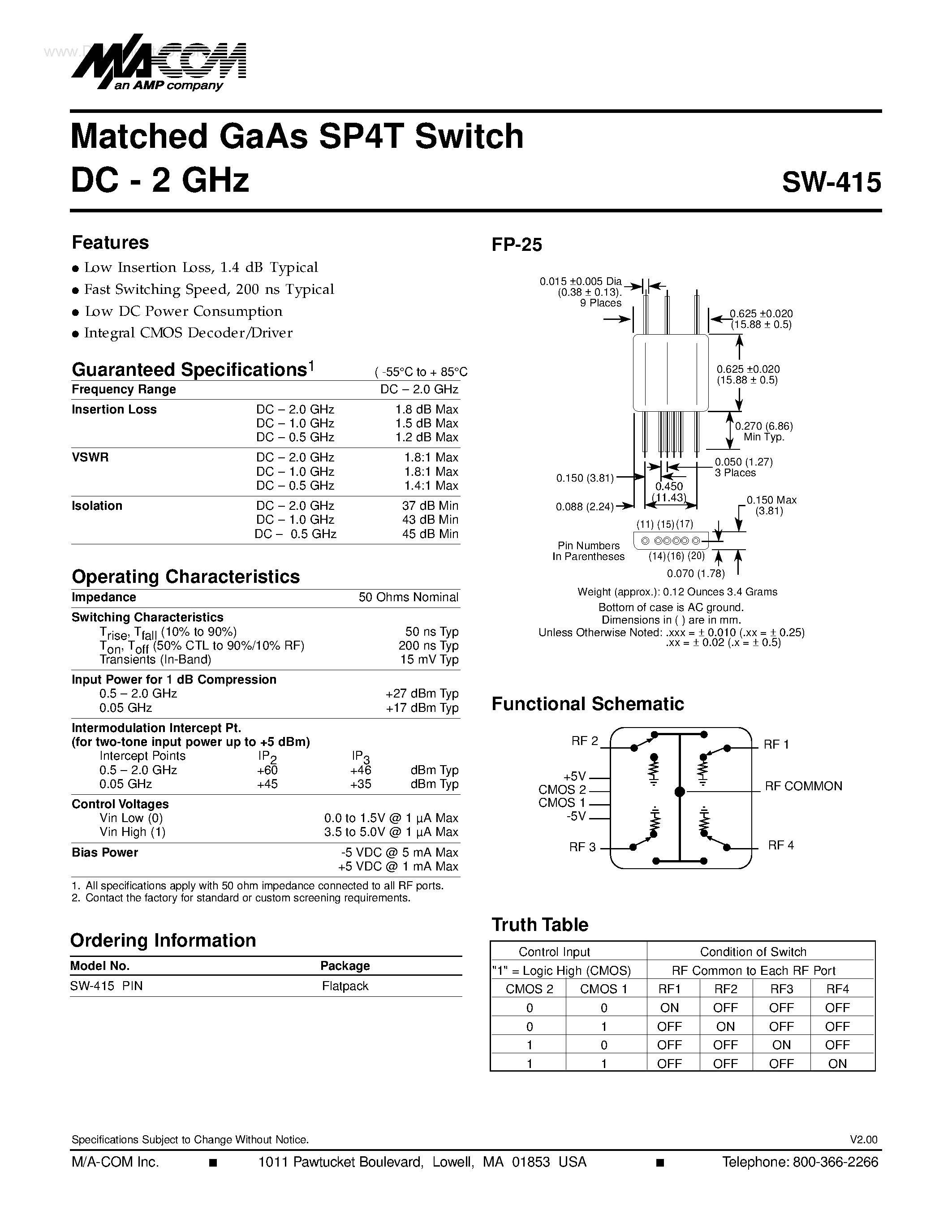Datasheet SW-415 - Matched GaAs SP4T Switch page 1