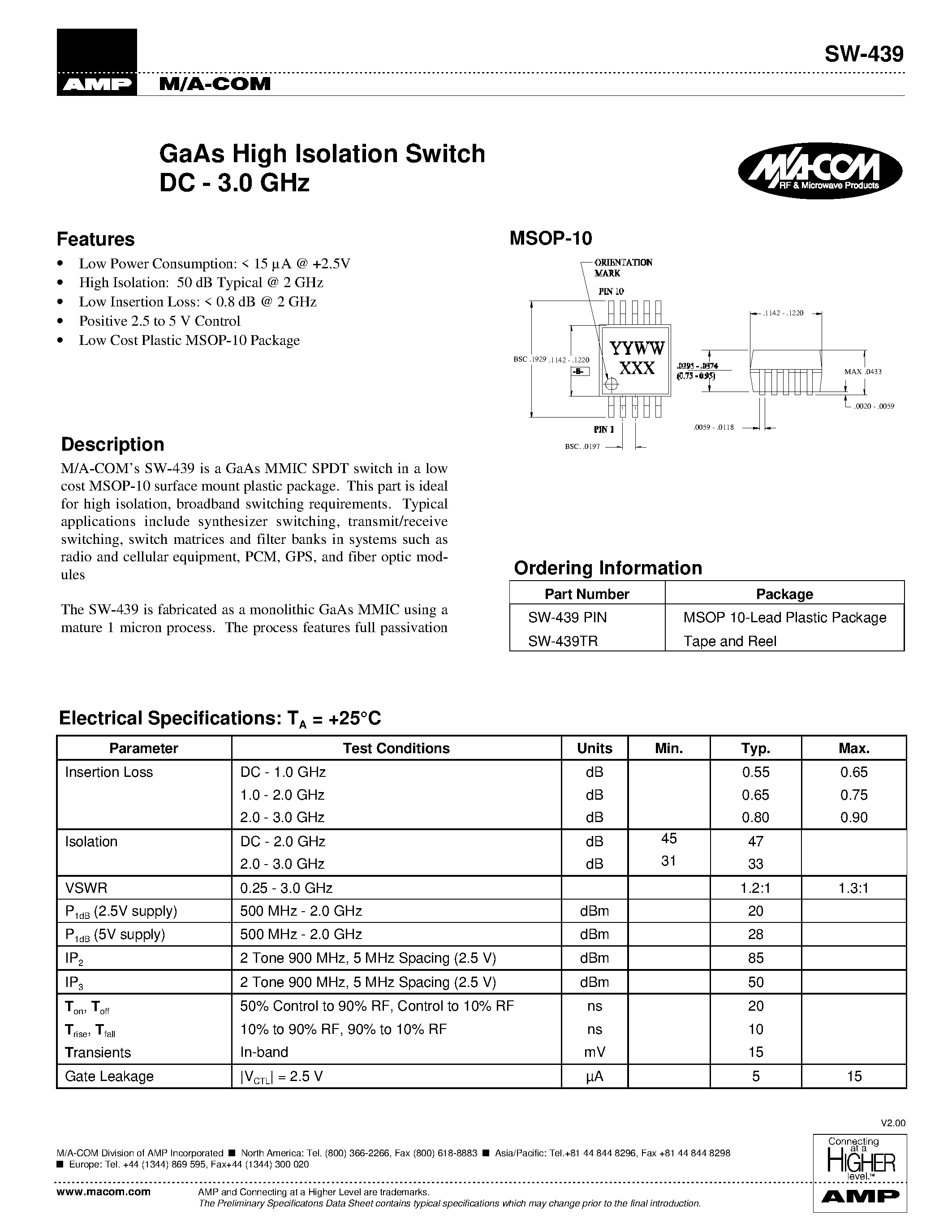 Datasheet SW-439 page 1 Datasheet SW-439 - GaAs High Isolation Switch page 1