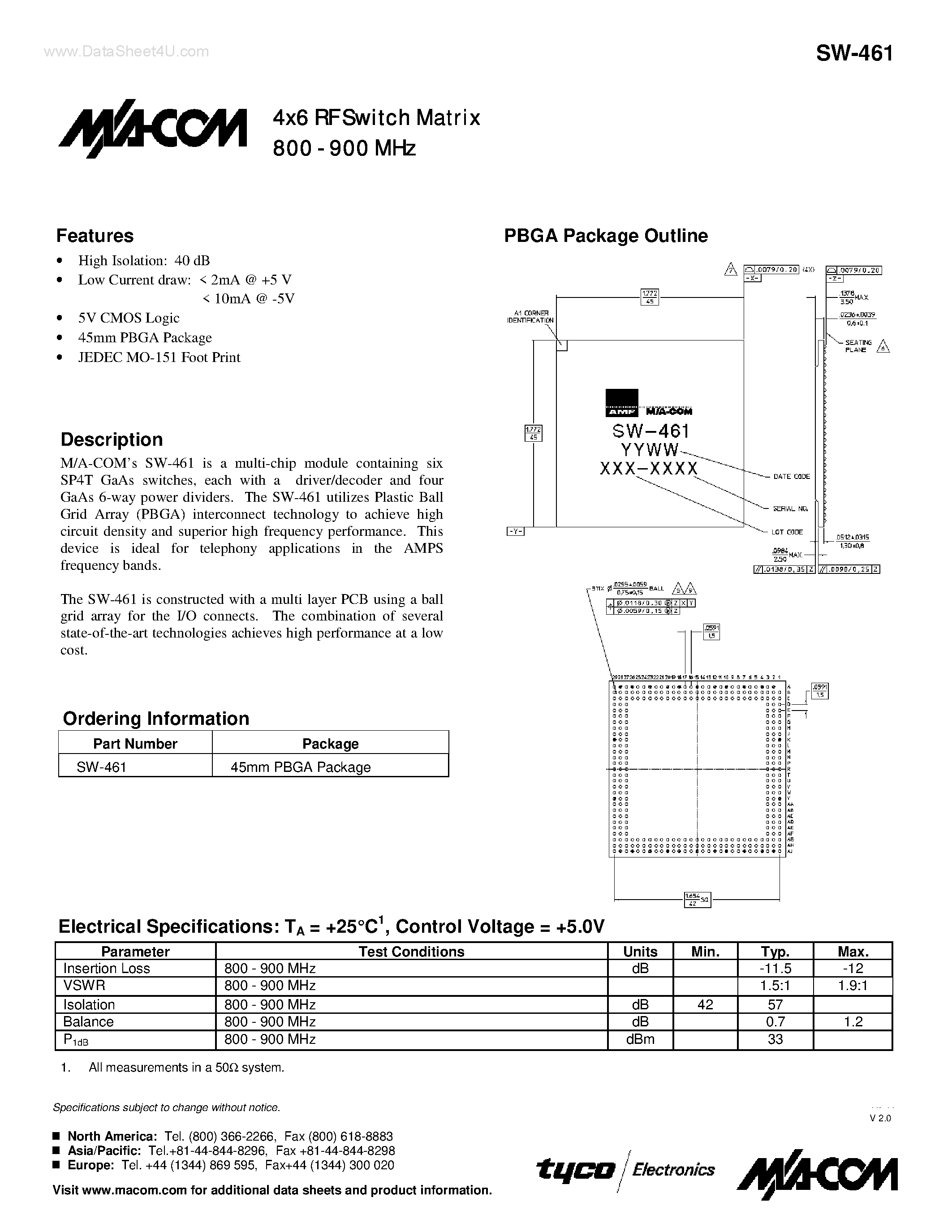 Datasheet SW-461 - 4x6 RF Switch Matrix page 1