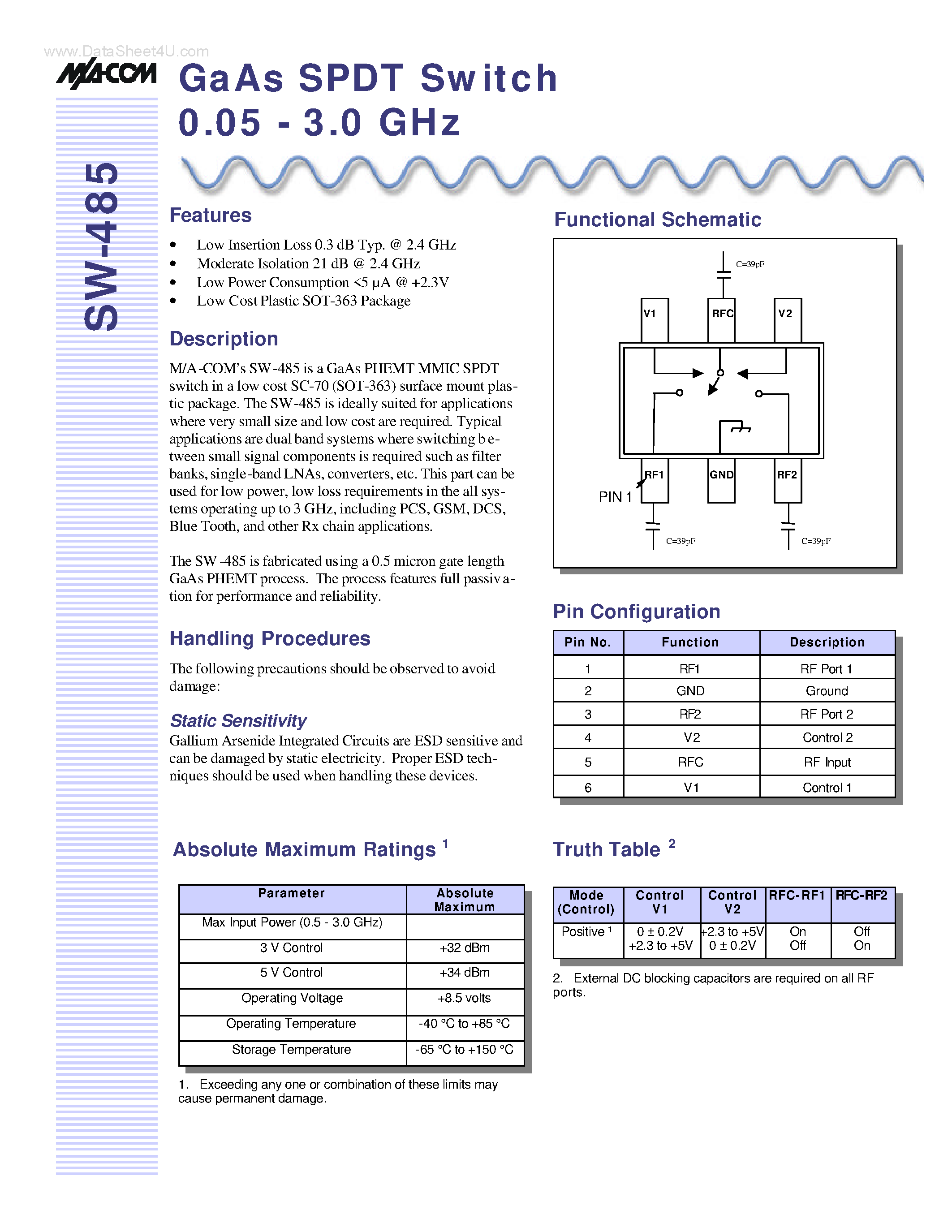 Datasheet SW-485 page 1 Datasheet SW-485 - GaAs SPDT Switch page 1