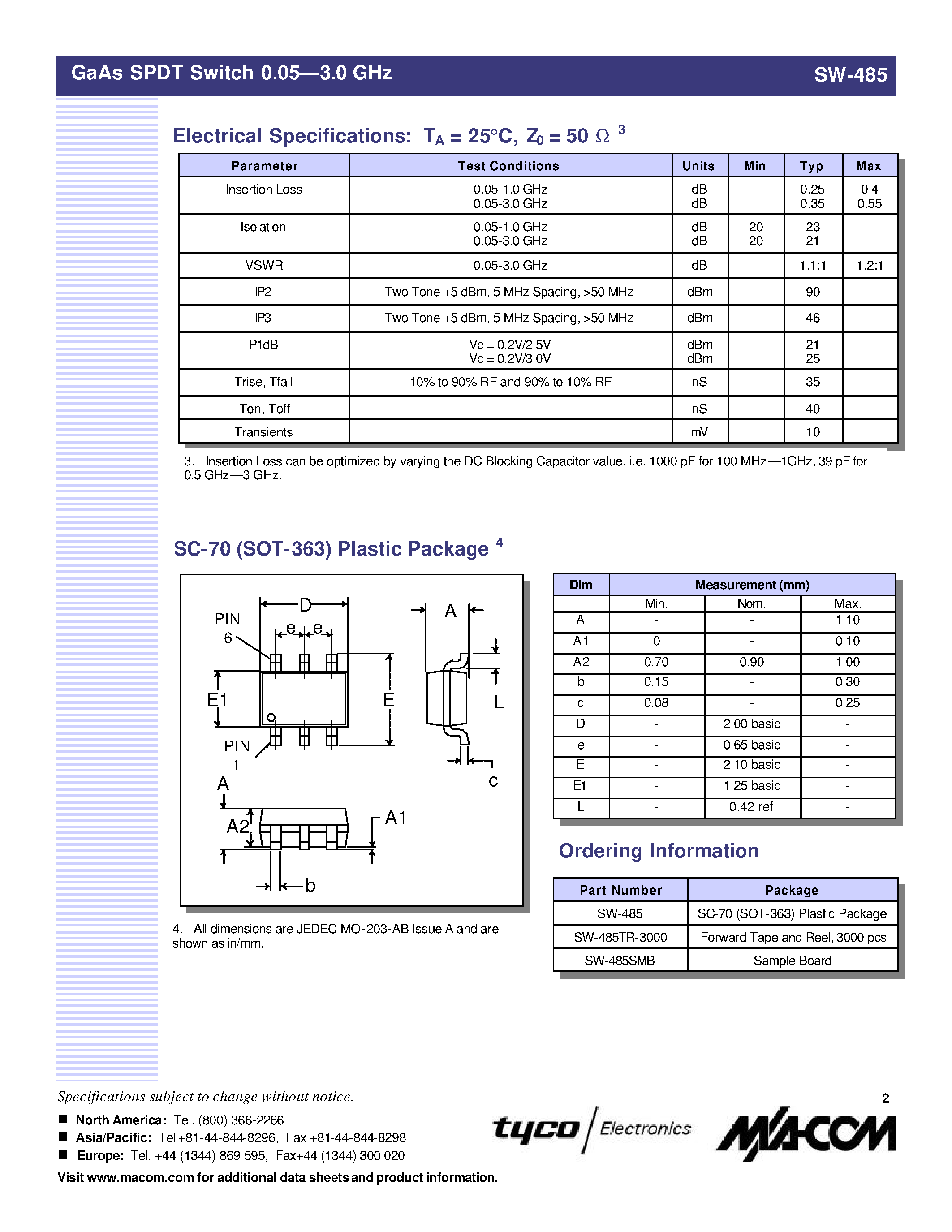 Datasheet SW-485 page 2 Datasheet SW-485 - GaAs SPDT Switch page 2
