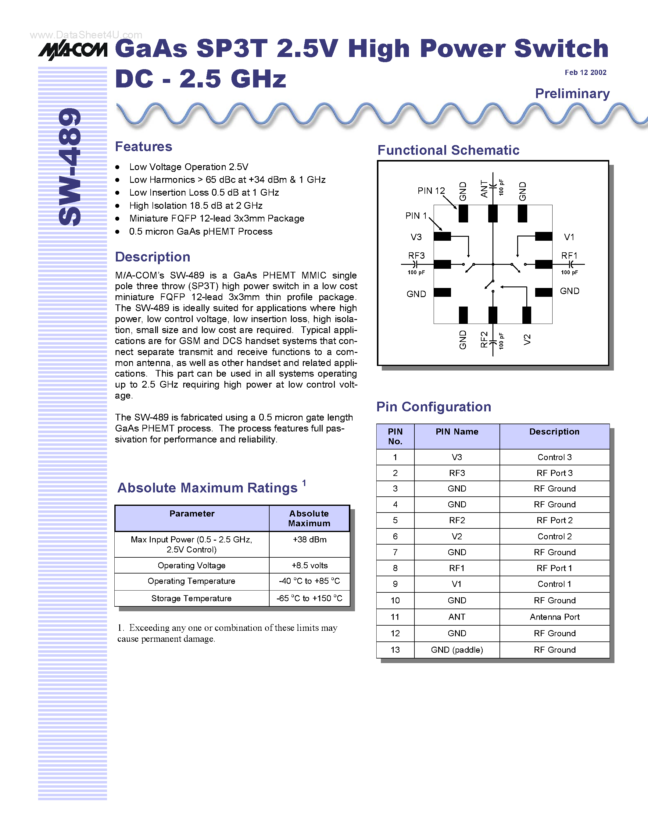 Datasheet SW-489 - GaAs SP3T 2.5V High Power Switch page 1