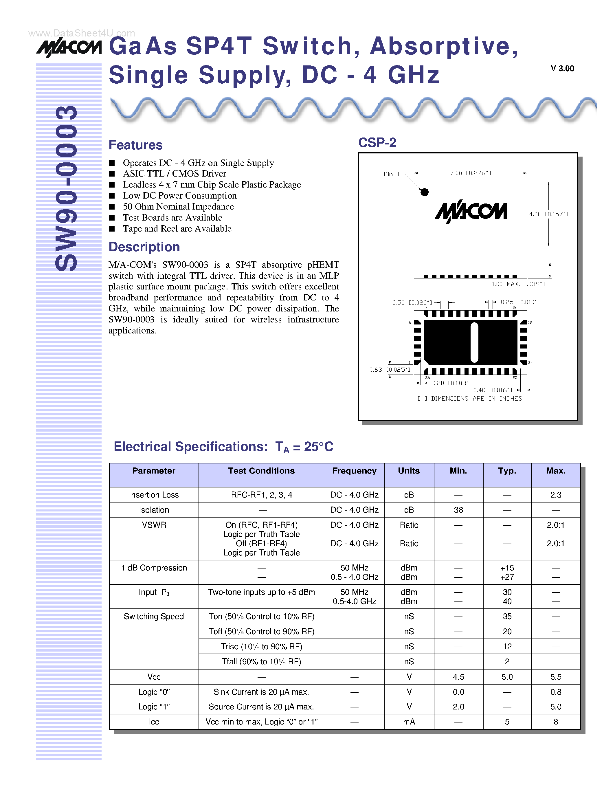 Datasheet SW90-0003 page 1 Datasheet SW90-0003 - GaAs SP4T Switch page 1