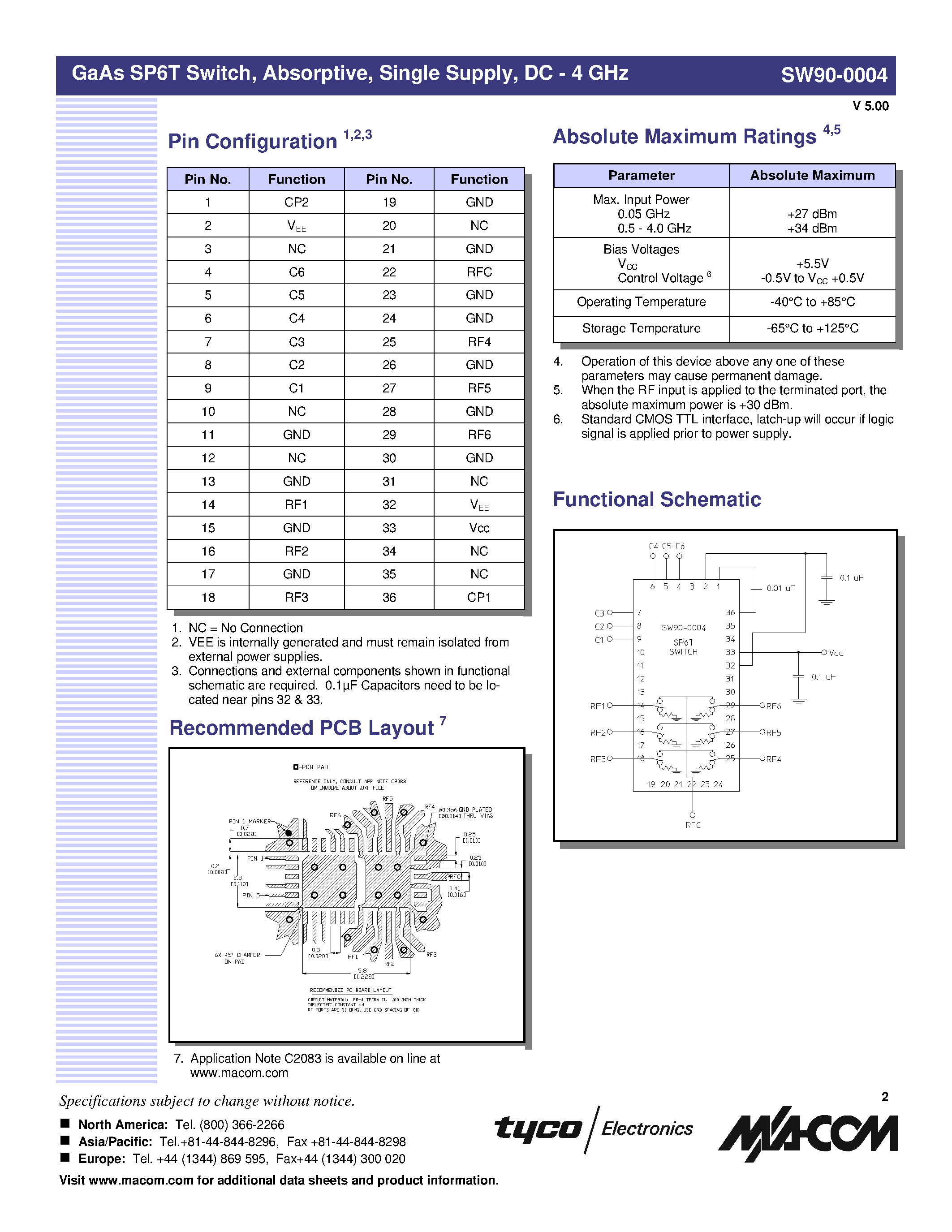 Datasheet SW90-0004 page 2 Datasheet SW90-0004 - GaAs SP6T Switch page 2