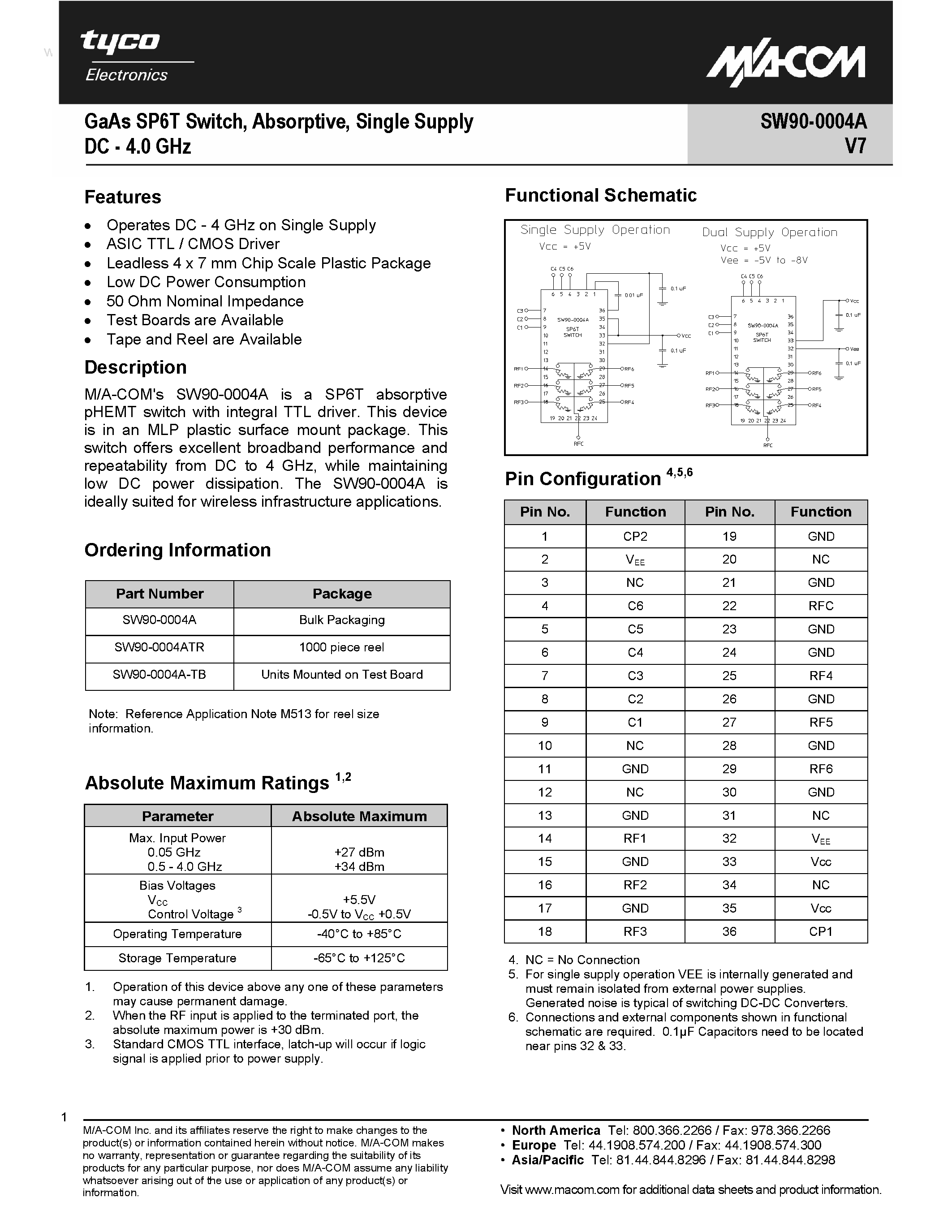 Datasheet SW90-0004A page 1 Datasheet SW90-0004A - GaAs SP6T Switch page 1