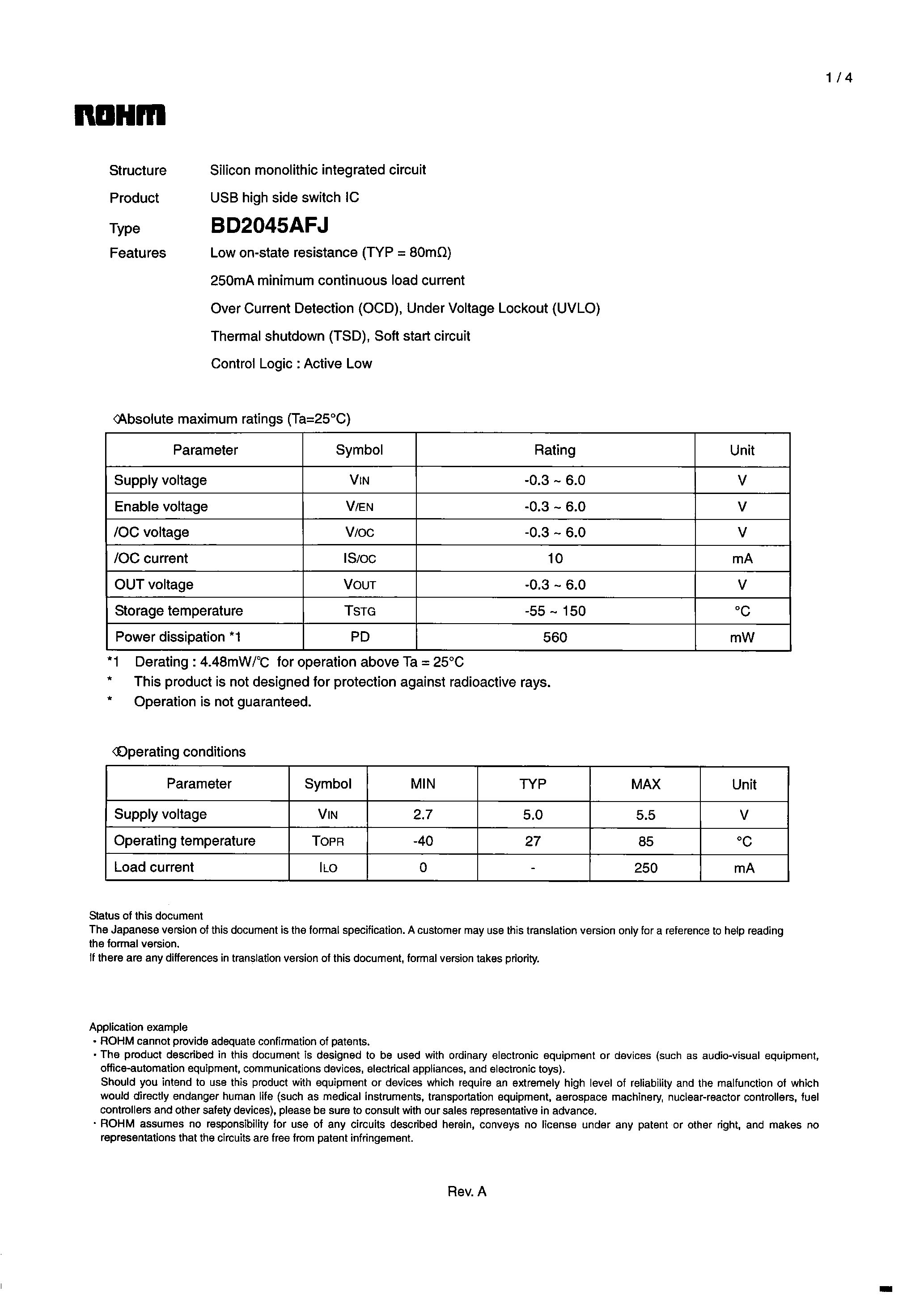 Даташит на микросхему BD2045AFJ страница 1 Даташит BD2045AFJ - Silicon monolithic integrated circuit USB high side switch IC страница 1