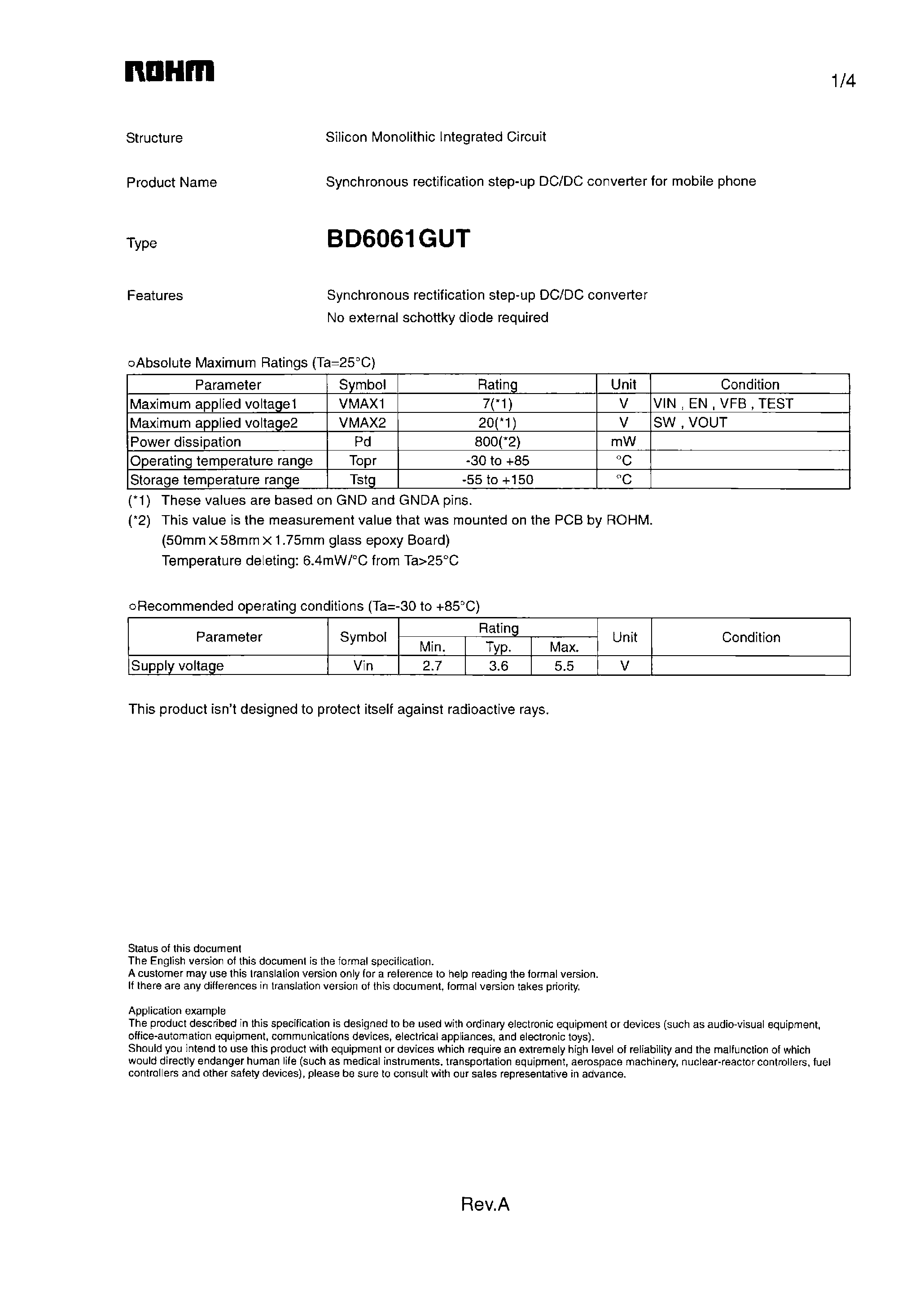 Даташит на микросхему BD6061GUT страница 1 Даташит BD6061GUT - Synchronous rectification step-up DC/DC converter страница 1