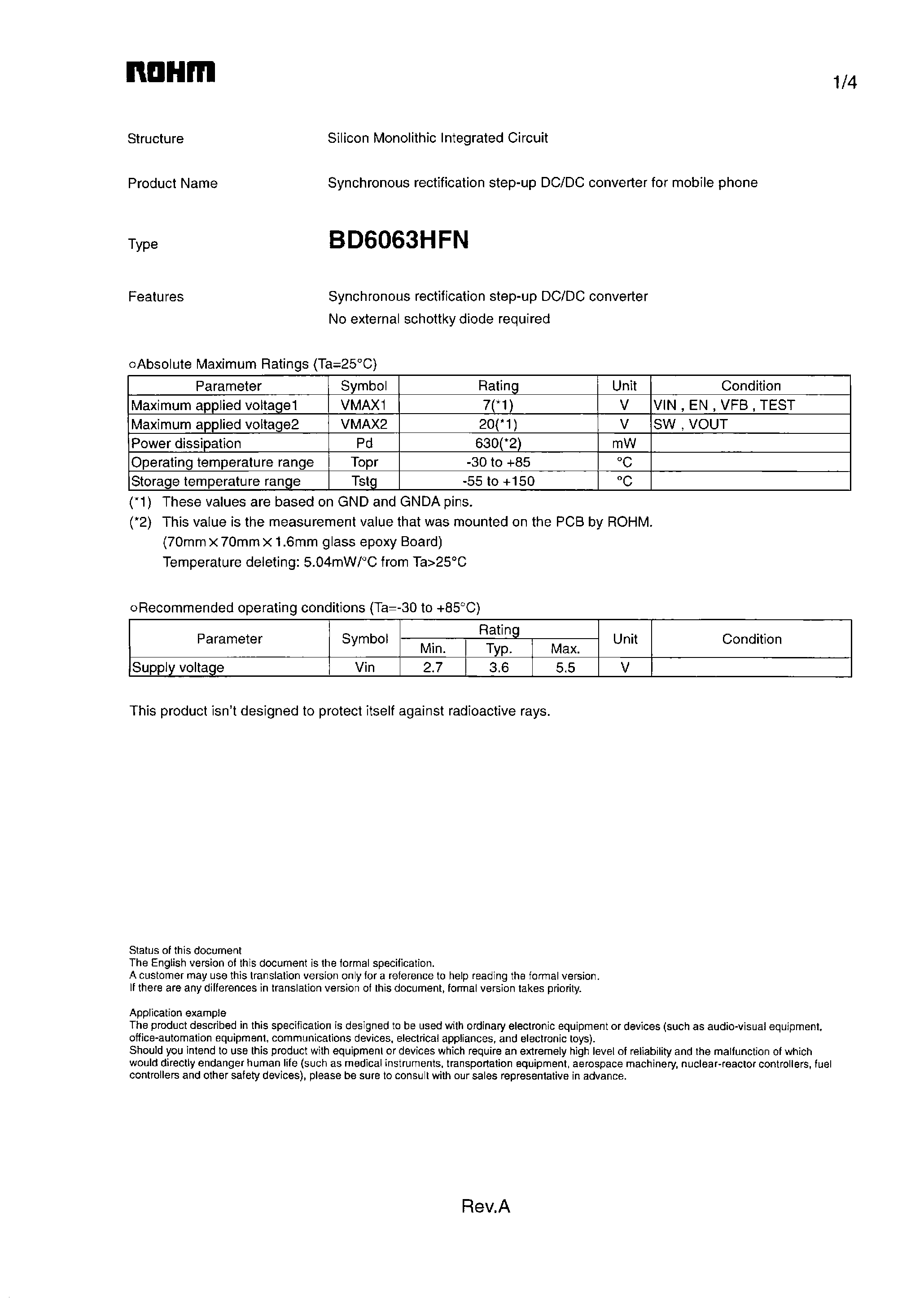 Даташит на микросхему BD6063HFN страница 1 Даташит BD6063HFN - Synchronous rectification step-up DC/DC converter страница 1