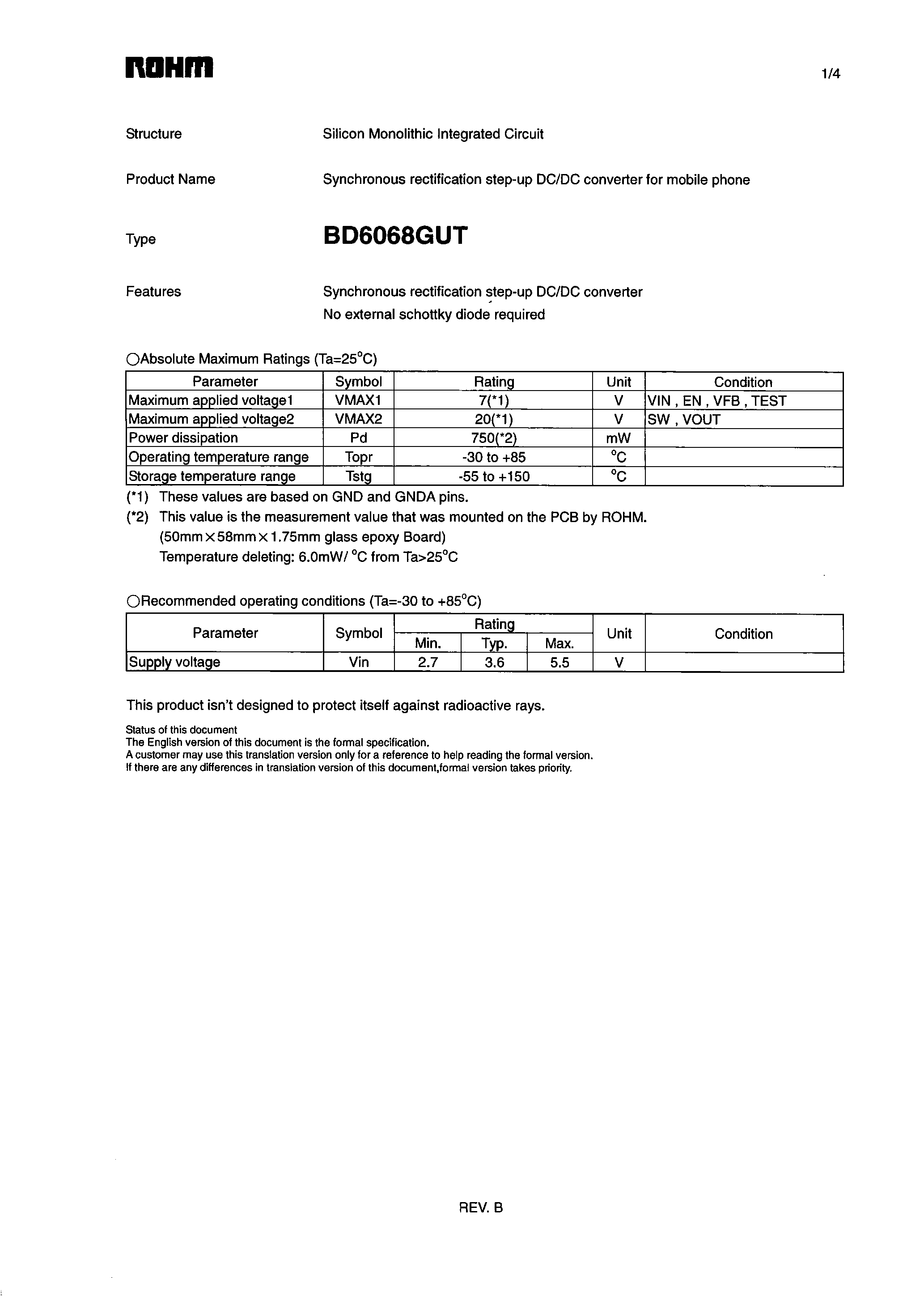 Даташит BD6068GUT - Synchronous rectification Step-up DC/DC converter страница 1