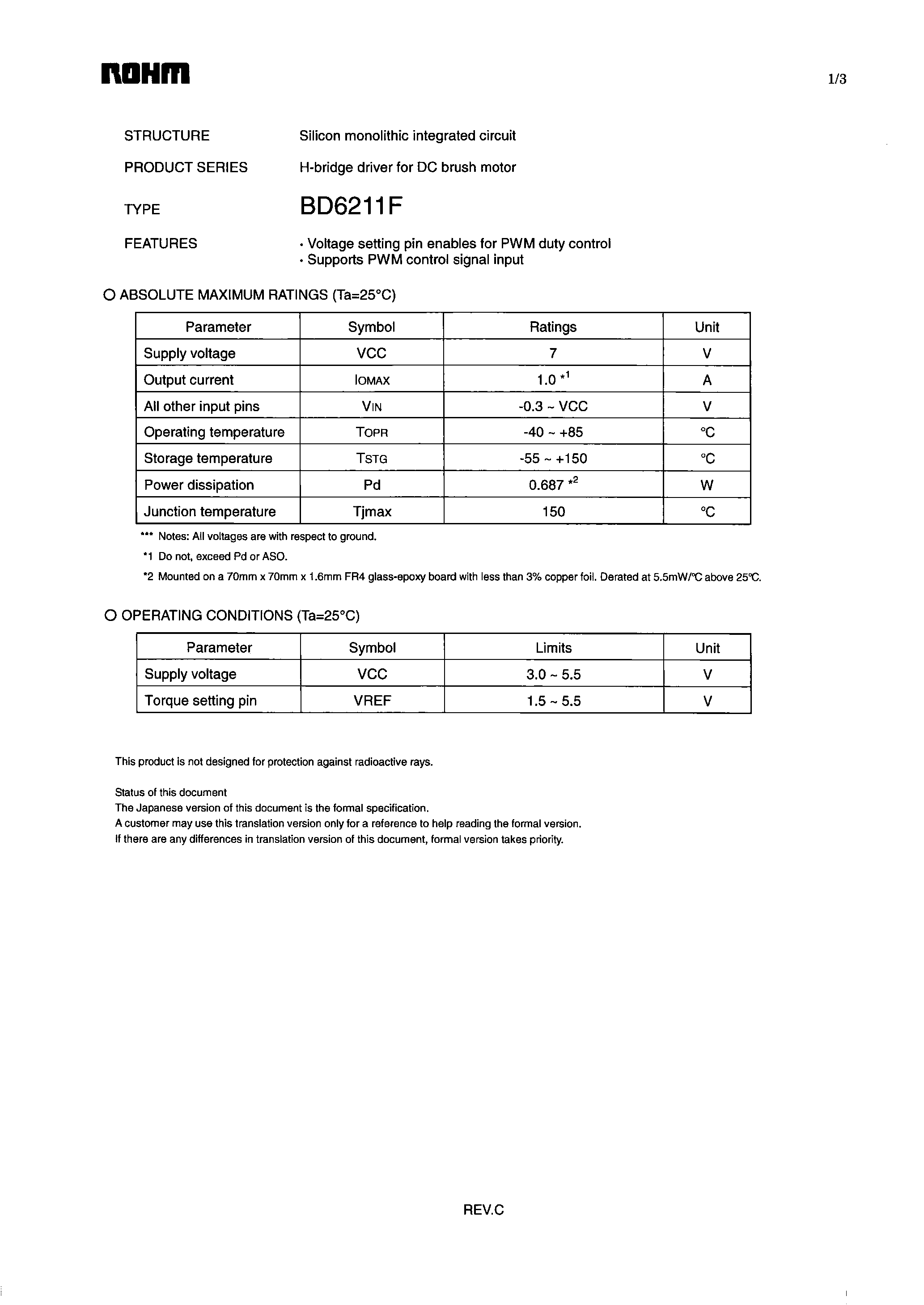 Datasheet BD6211F page 1 Datasheet BD6211F - H-bridge driver page 1