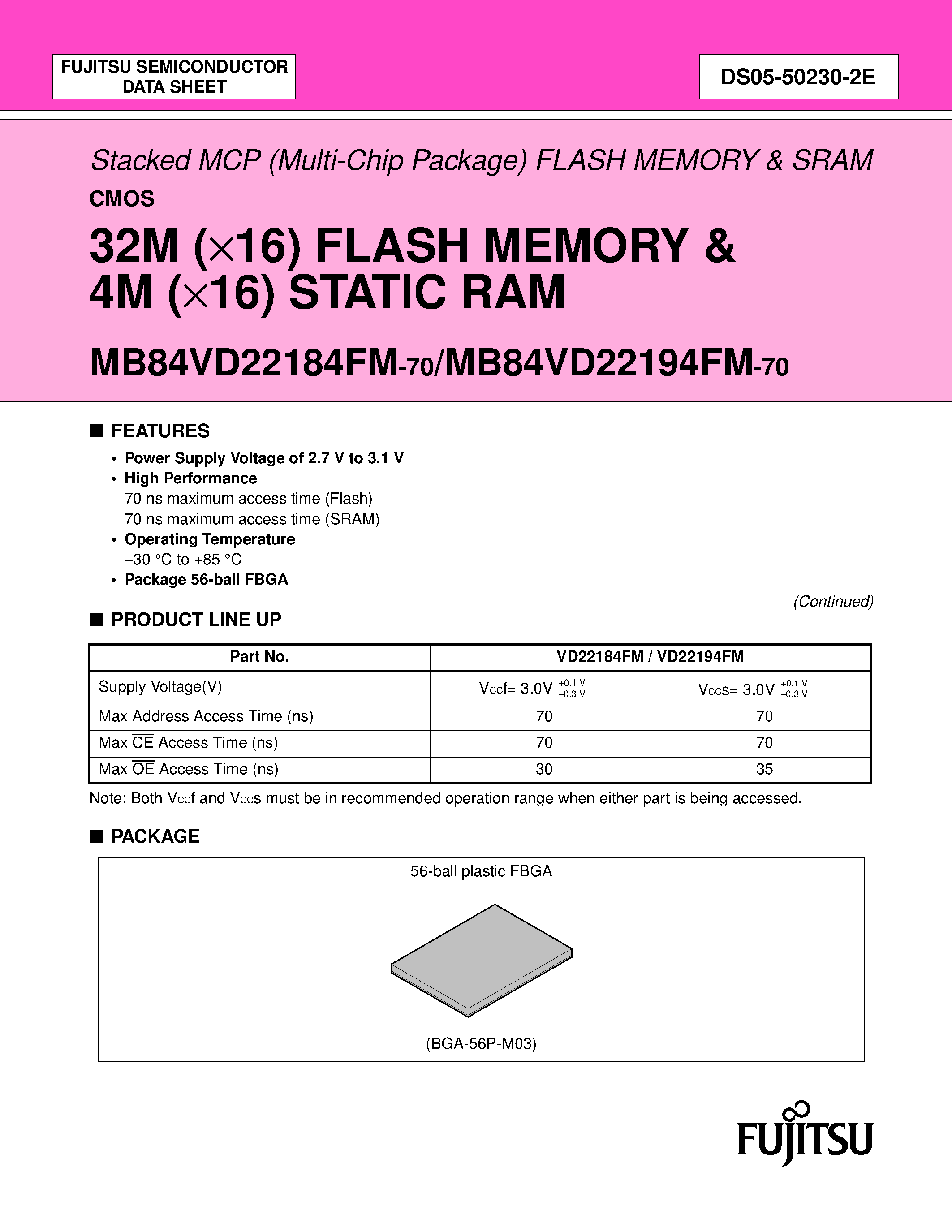 Даташит на микросхему MB84VD22184FM-70 страница 1 Даташит MB84VD22184FM-70 - (MB84VD22184FM-70 / MB84VD22194FM-70) 32M (X16) FLASH MEMORY & 4M (X16) STATIC RAM страница 1